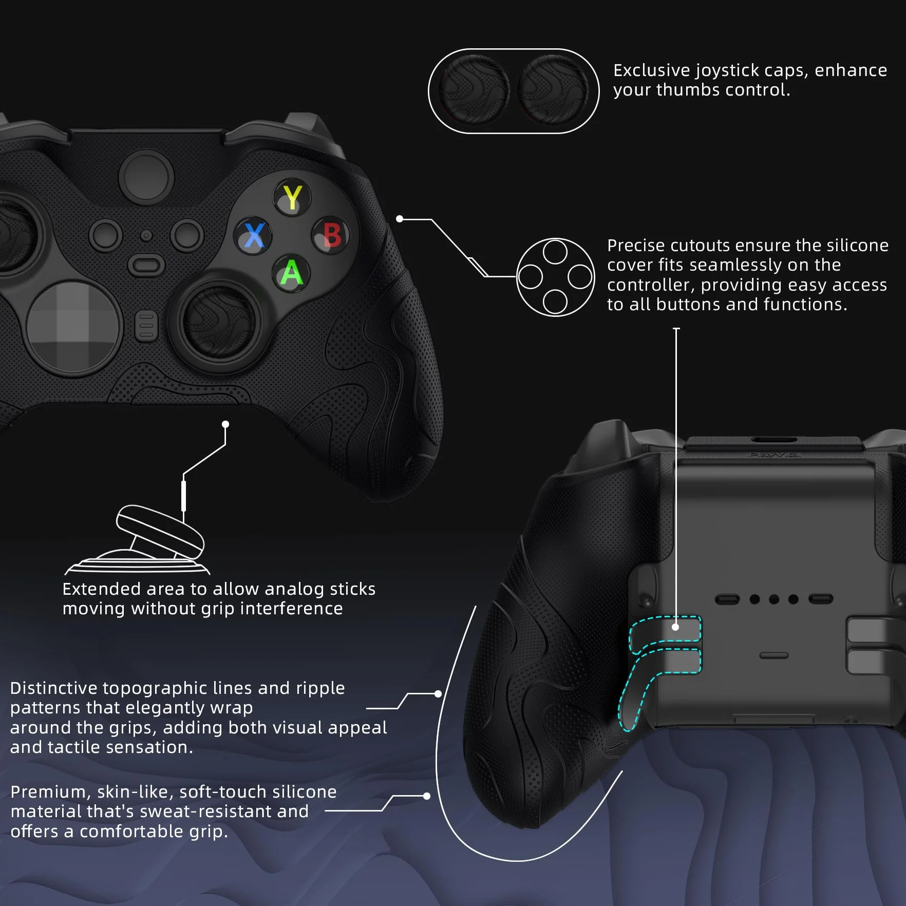 PlayVital Silikonowa Osłona Kontrolera do Xbox Elite Series 2,Antypoślizgowa Skórki z Nakładkami Joysticka do Xbox Elite Series 2 Core-Czarny(Edycja Pasma Górskiego)