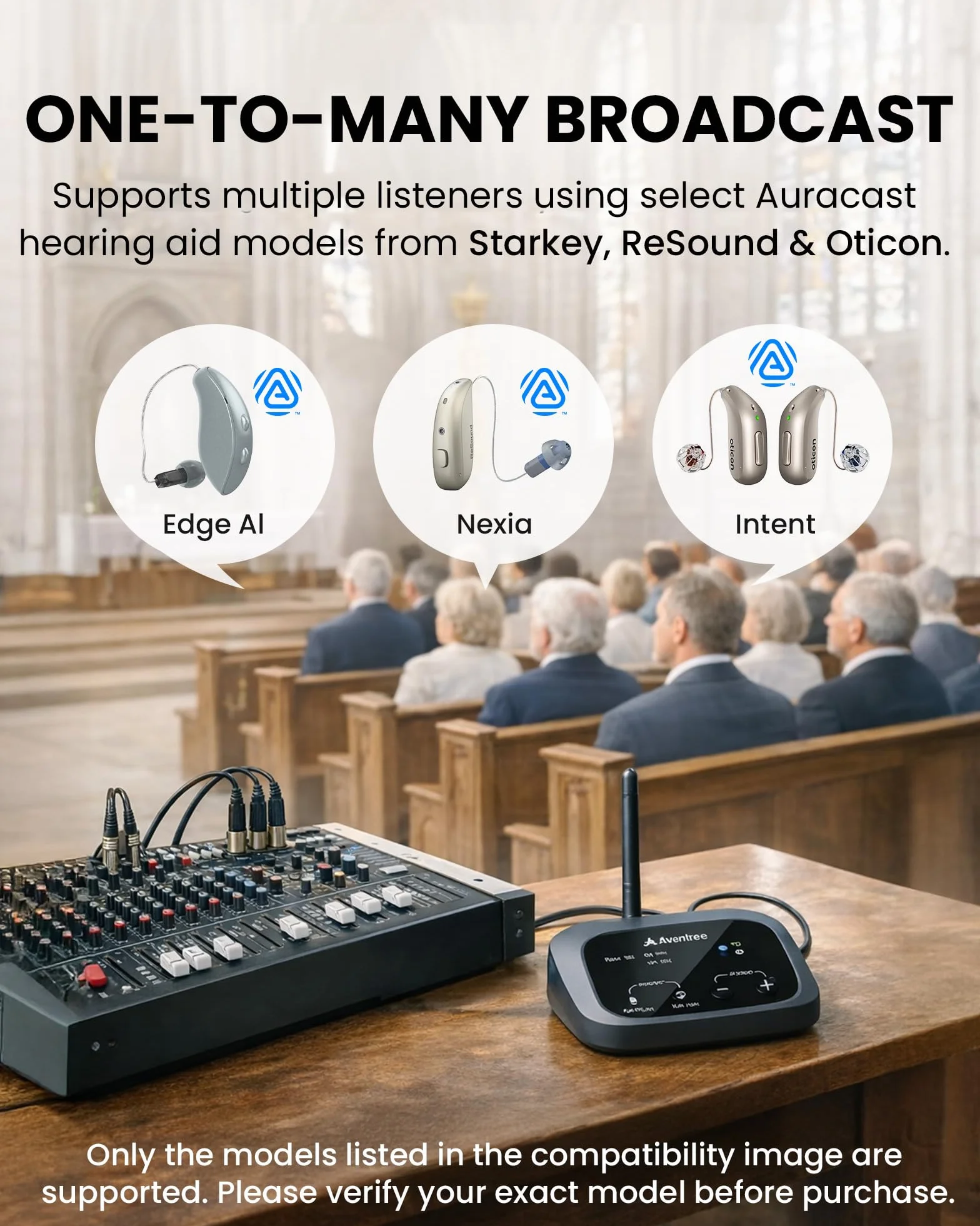 Avantree Oasis Aura – nadajnik Auracast do wspomagającego słuchania, transmisja indywidualna do kościołów, telewizji i miejsc publicznych, kompatybilny z urządzeniami audio Auracast Auracast