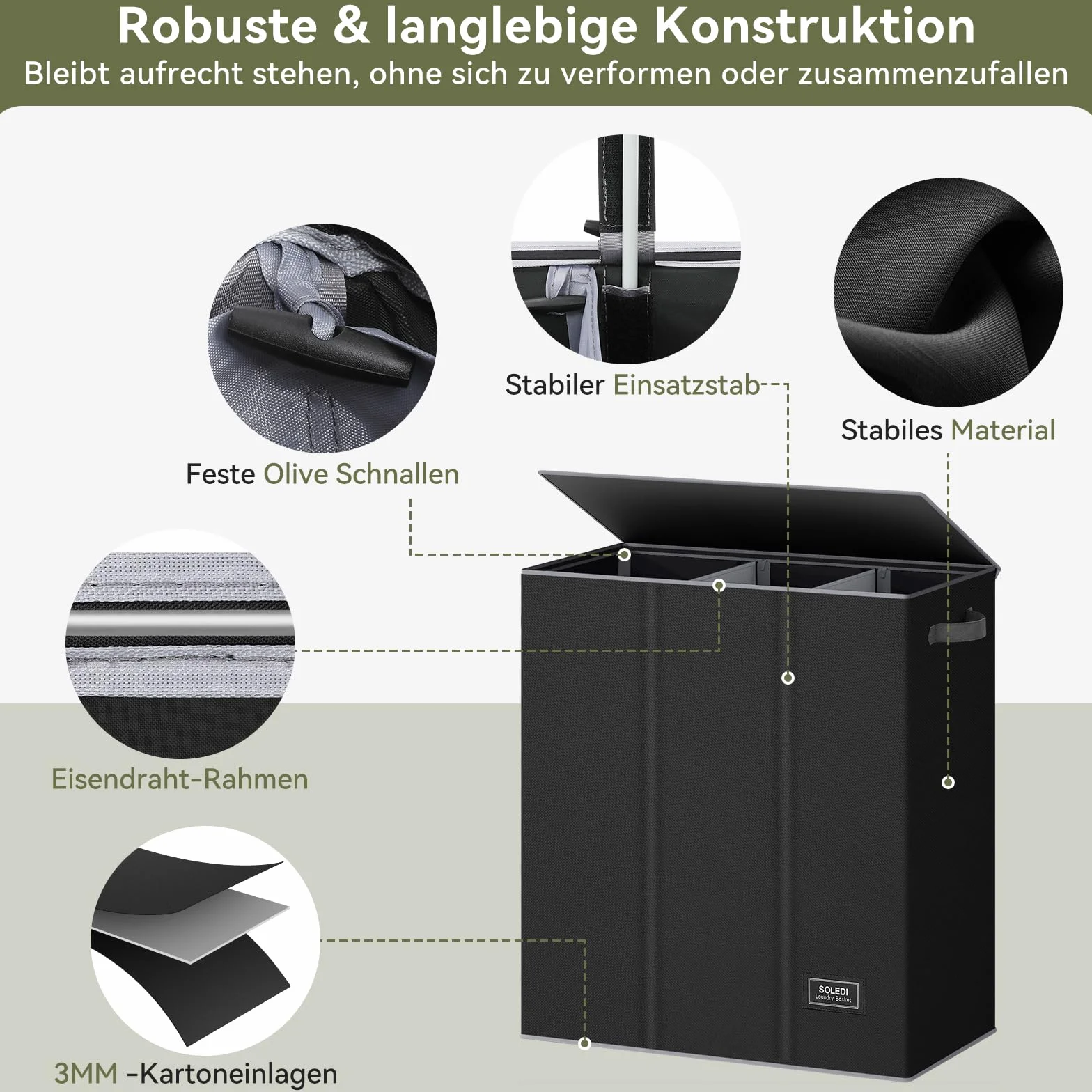 SOLEDI 160L kosz na pranie, sortownik na pranie 3 przedziały z pokrywką i 3 worekami na pranie - sortownik na pranie duży XXXL do łazienki, sypialni, pralni, pokoju dziecięcego