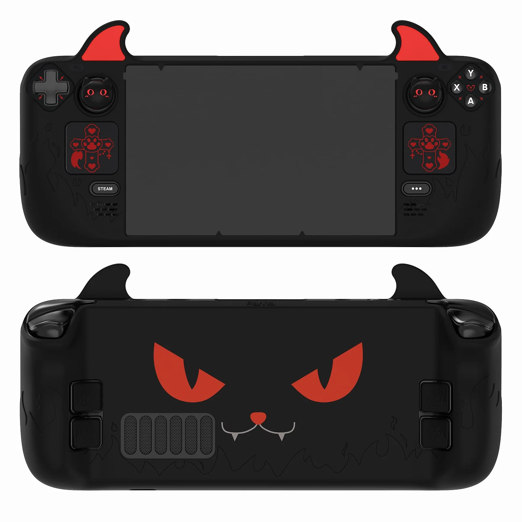 PlayVital Osłona do Steam Deck OLED/Steam Deck z Nakładkami na Joystick & Przyciskami & Naklejkami Trackpady,Ochronna Osłona Silikonowa Antypoślizgowa- Czarna, Uroczy Demon