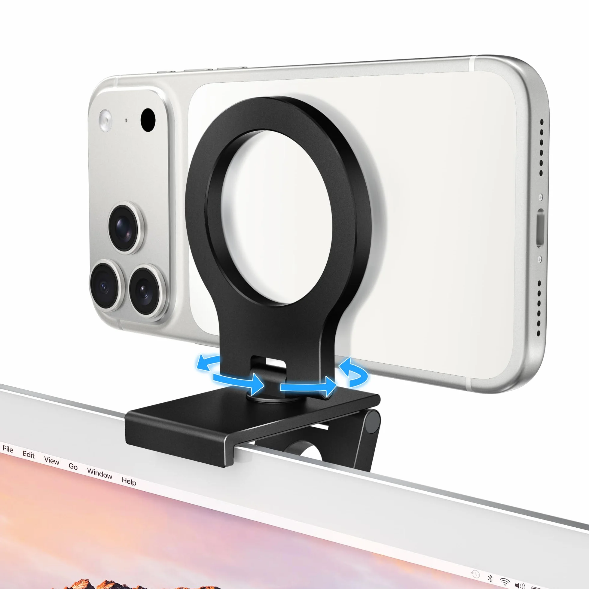 Itramax Uchwyt Continuity Camera Do Monitora,Składany Przenośny Uchwyt Webcam 360° Do Ekranu Biurkowego for MagSafe iPhone 17 Pro/15/14/13/12/11/XS,iOS 16,iMac I MacBook macOS Ventura,Laptop,Apple TV