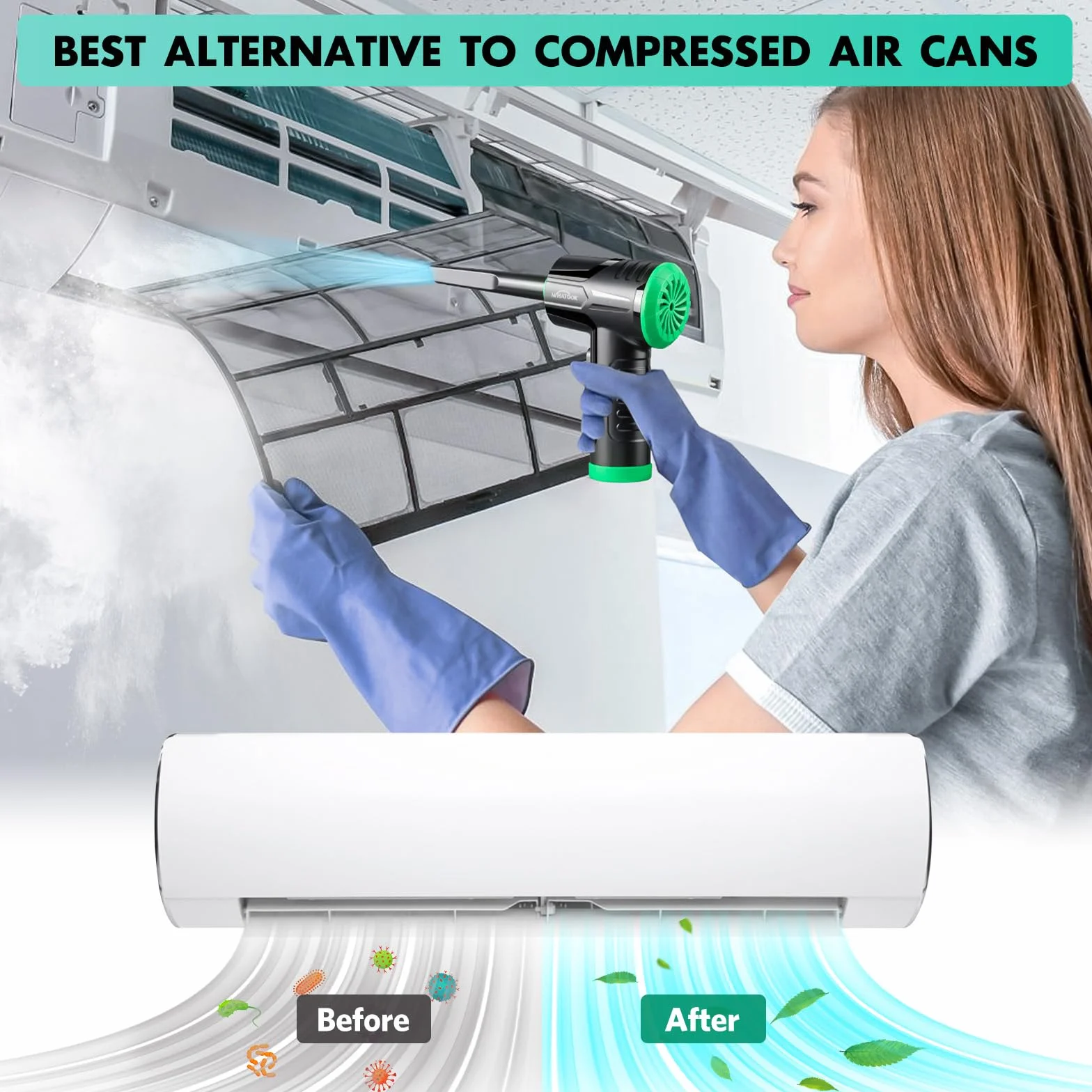 Elektryczna dmuchawa do kurzu, Bezprzewodowy odkurzacz do czyszczenia komputera， 3-biegowa dmuchawa Air Duster, wydajna 60 000 obr./min, z oświetleniem LED do komputera (Air Duster & Vacuum-Green)