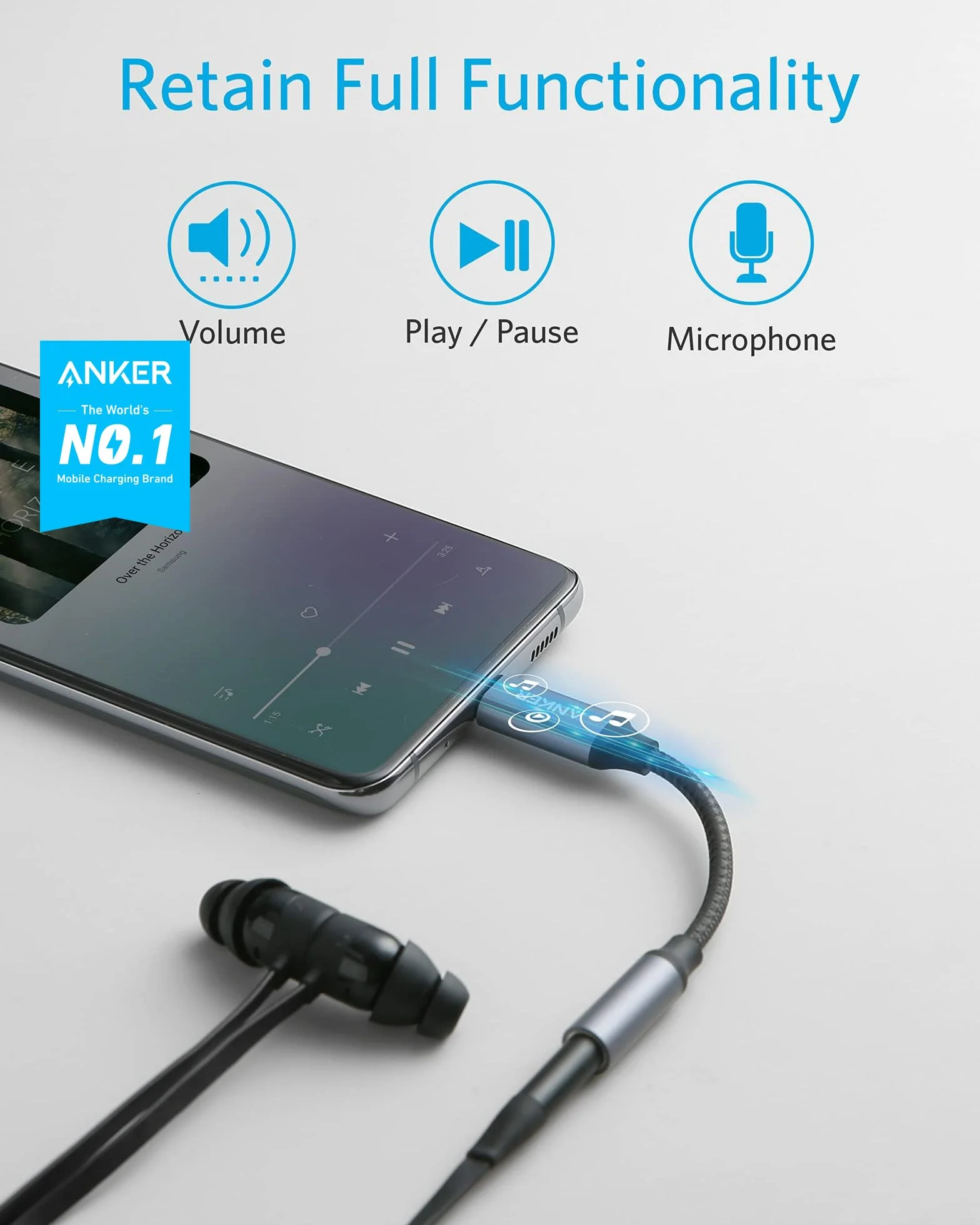 Anker adapter audio USB C na 3,5 mm, kabel nylon od męskiego do żeńskiego dla Samsung S20/S20+/S20 Ultra, Pixel 4/ + 4XL i innych urządzeń typu C