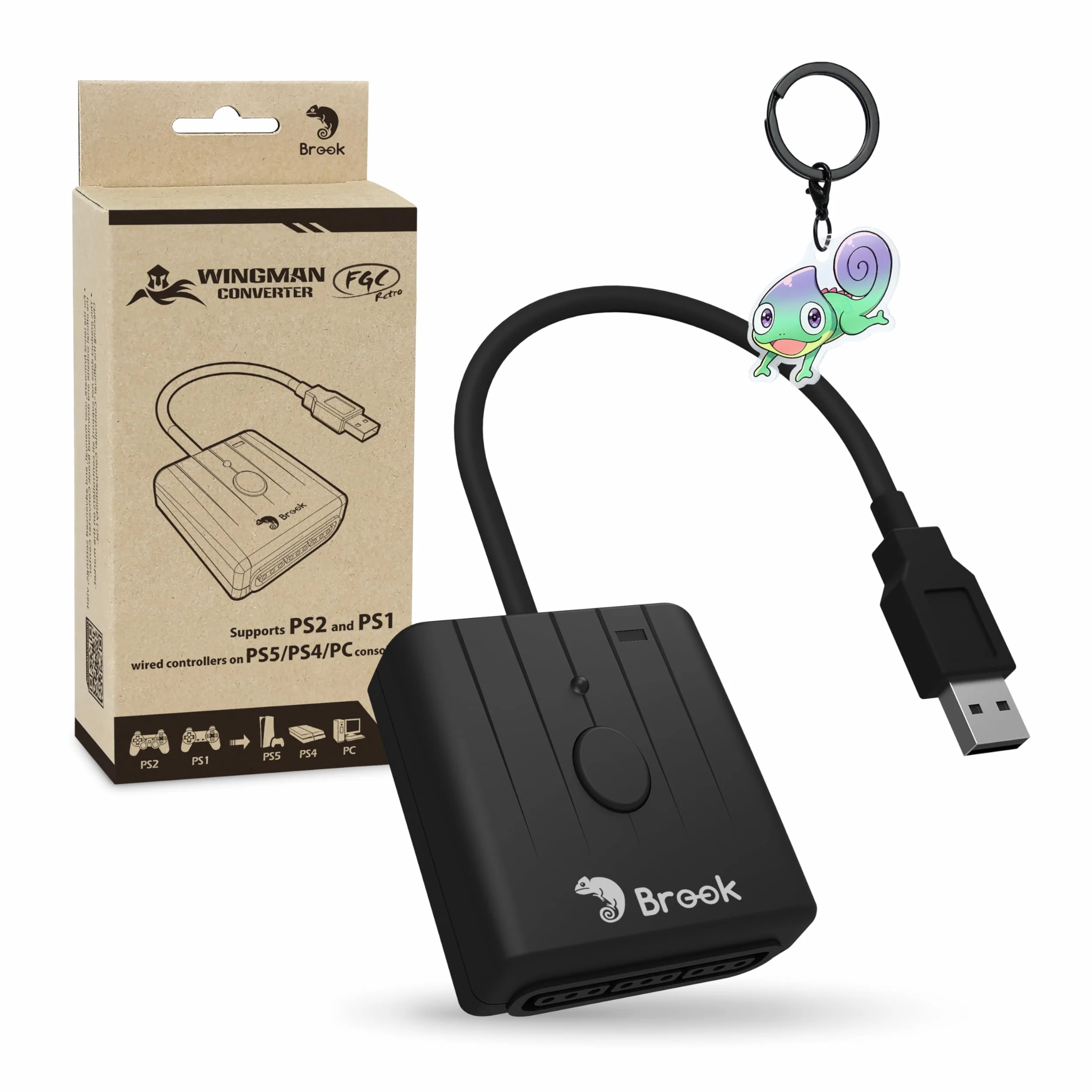 Brook Wingman FGC Retro z brelokiem – kontroler PS1 i PS2 do PS5, PS4, PC - Turbo, Remap, makro - X-Input - kompatybilny z matami tanecznymi, kijami zręcznościowymi, kontrolerami gier rytmicznych