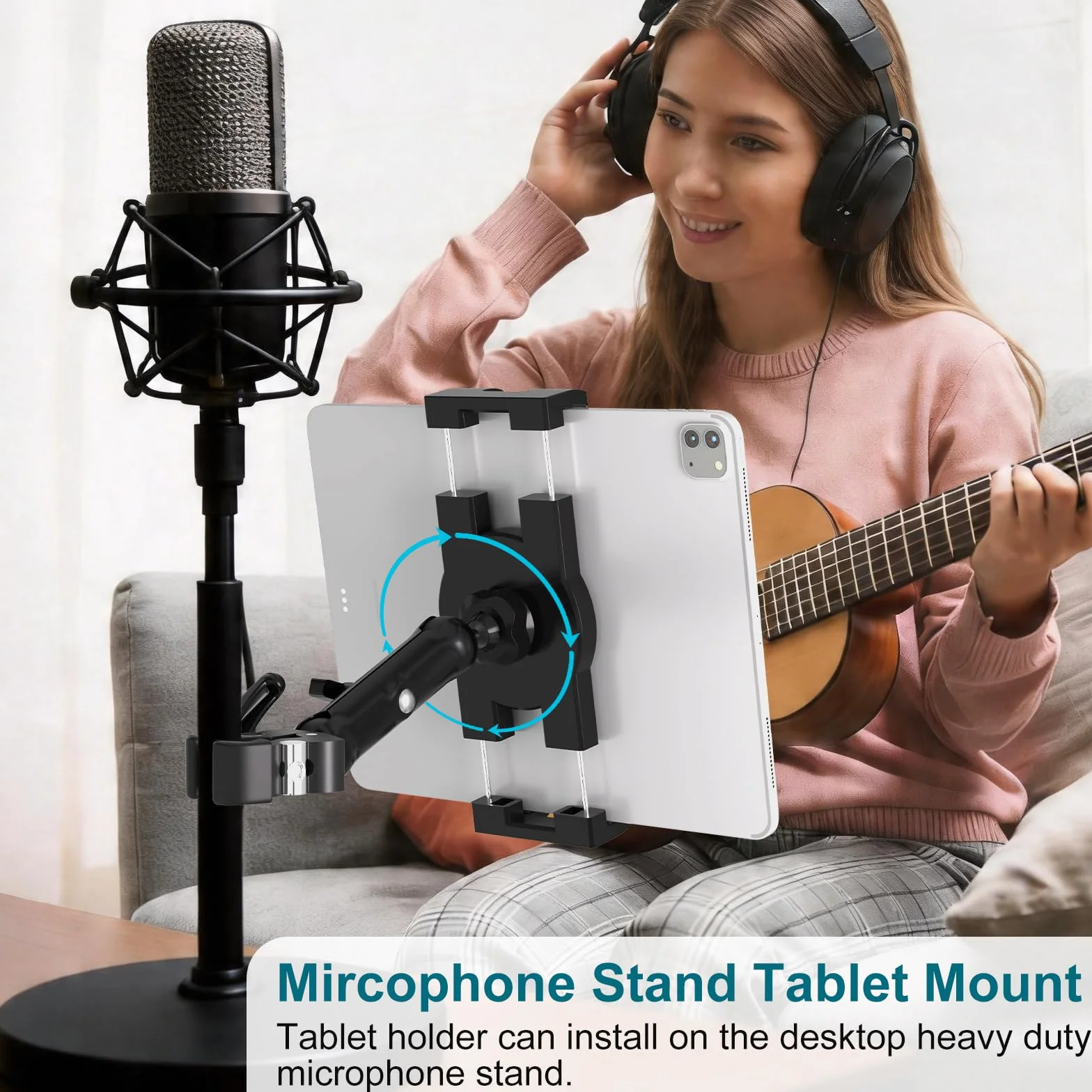 Mippko Uchwyt na tablet do stojaka mikrofonowego, stojak muzyczny, uchwyt na iPada, regulacja 360°, ramię ze stopu aluminium, super krab, kompatybilny z iPadem 4.7~32.8 cm iPad/Nexus/LG G Pads