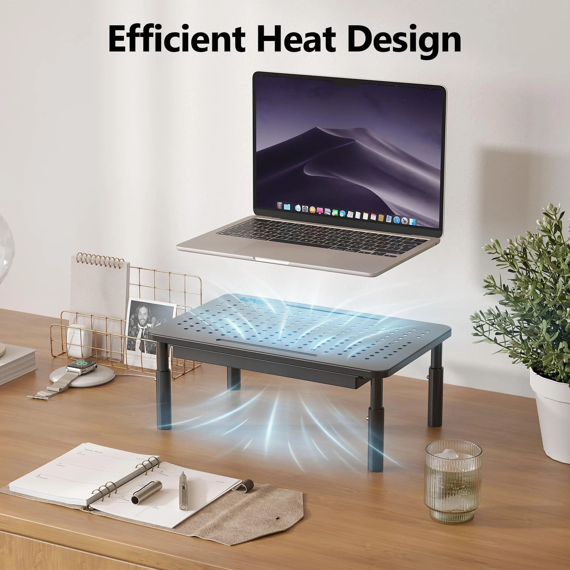 BONTEC Stojak na monitor z szufladą, 3 regulowane na wysokość, do monitora, laptopa, komputera, iMac, drukarki do 20 kg, w zestawie opaski kablowe