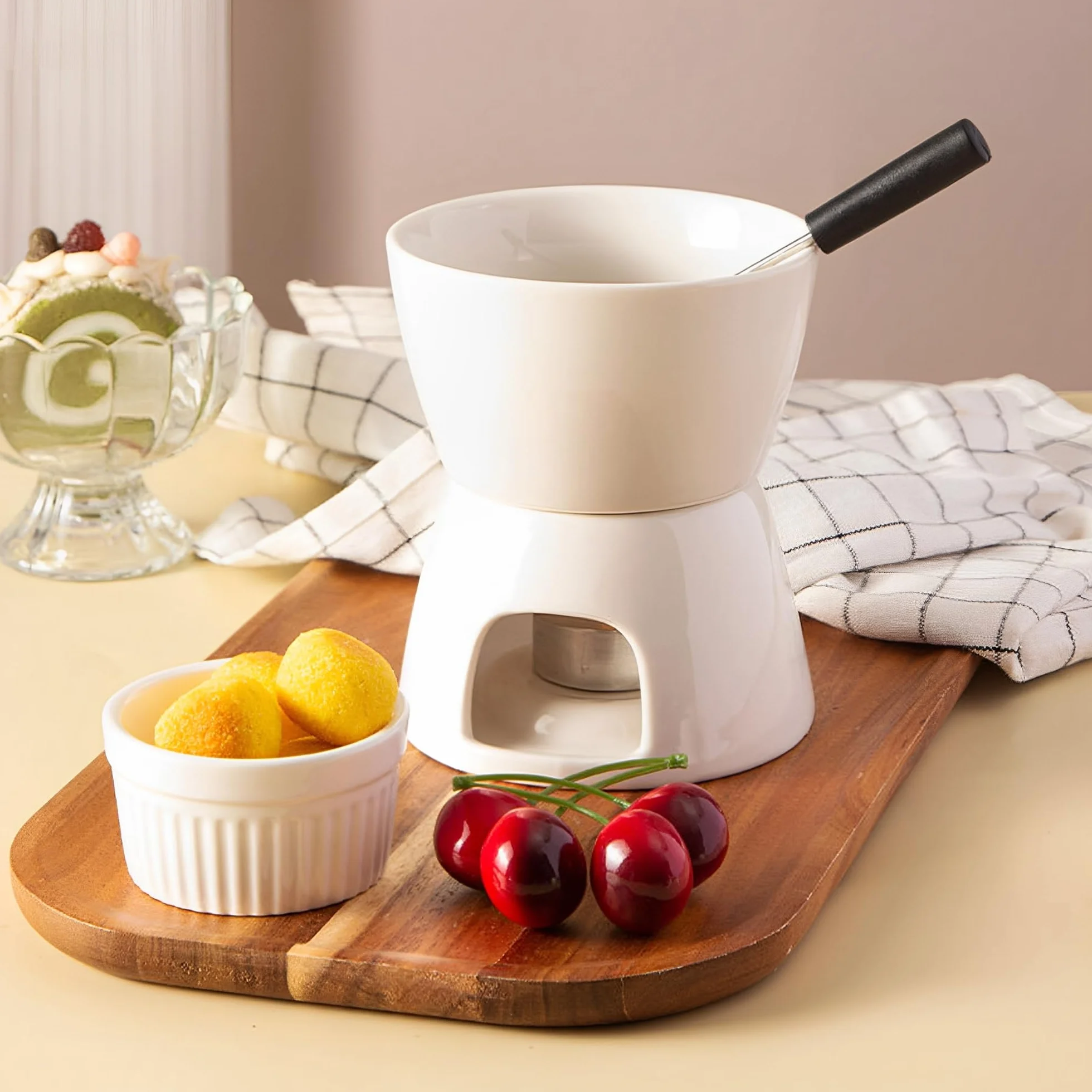 Zestaw garnków do czekoladowego fondue, kompletny zestaw do serowego fondue ze świecą i 4 widelcami, mini garnek do czekoladowego fondue, porcelanowy garnek do topienia, do domu,Biały