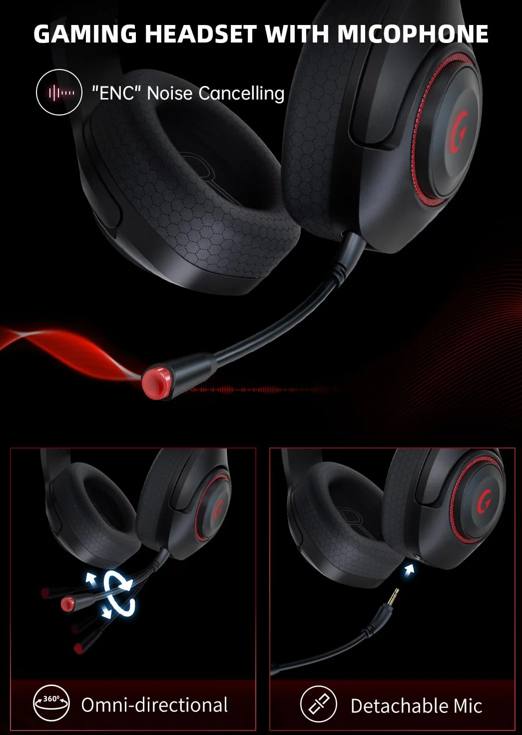 Zestaw słuchawkowy dla graczy, 2,4 GHz USB Wireless Gaming Headset do PS5/PS4/PC/MAC, słuchawki gamingowe ze zdejmowanym mikrofonem, ENC Noise Cancelling, Bluetooth 5.2, bateria 40H, przewodowy zestaw