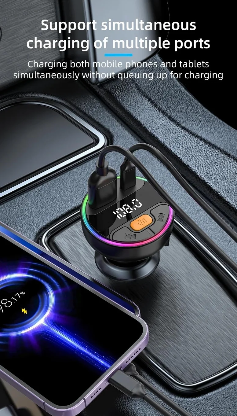Nadajnik FM do szybkiego ładowania telefonu, Bluetooth 5.3, zestaw samochodowy, odtwarzacz MP3 QC3.0 + PD30W szybka ładowarka FM