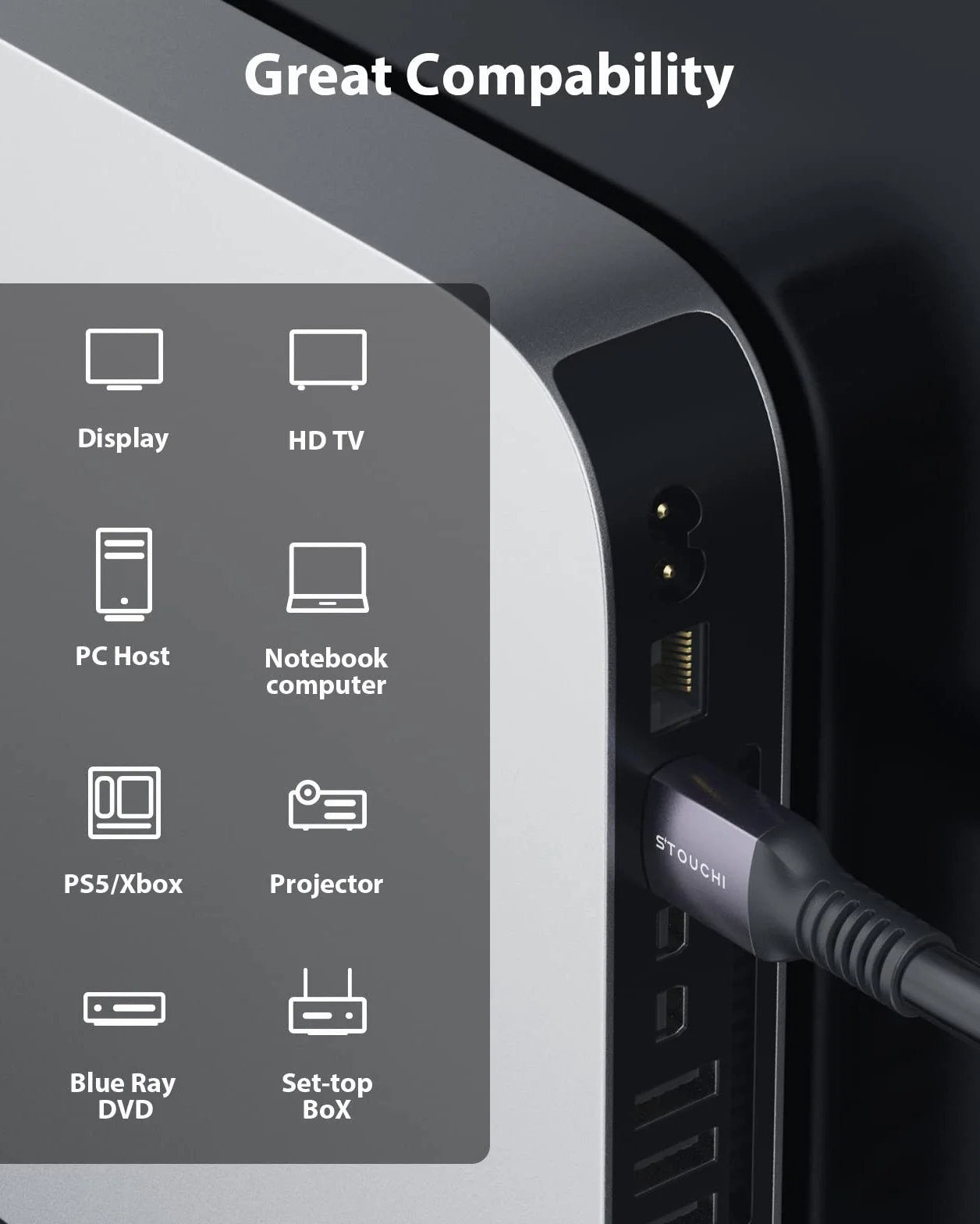 Stouchi 8K HDMI 2.1 kabel 5 m, CL3 In Wall Plenum-Rated High Speed Ultra HD 48 Gbps 8K60 4K120 eARC HDR10 4:4:4 HDCP 2.2&2.3 Dolby kompatybilny z PS5 Xbox Series X