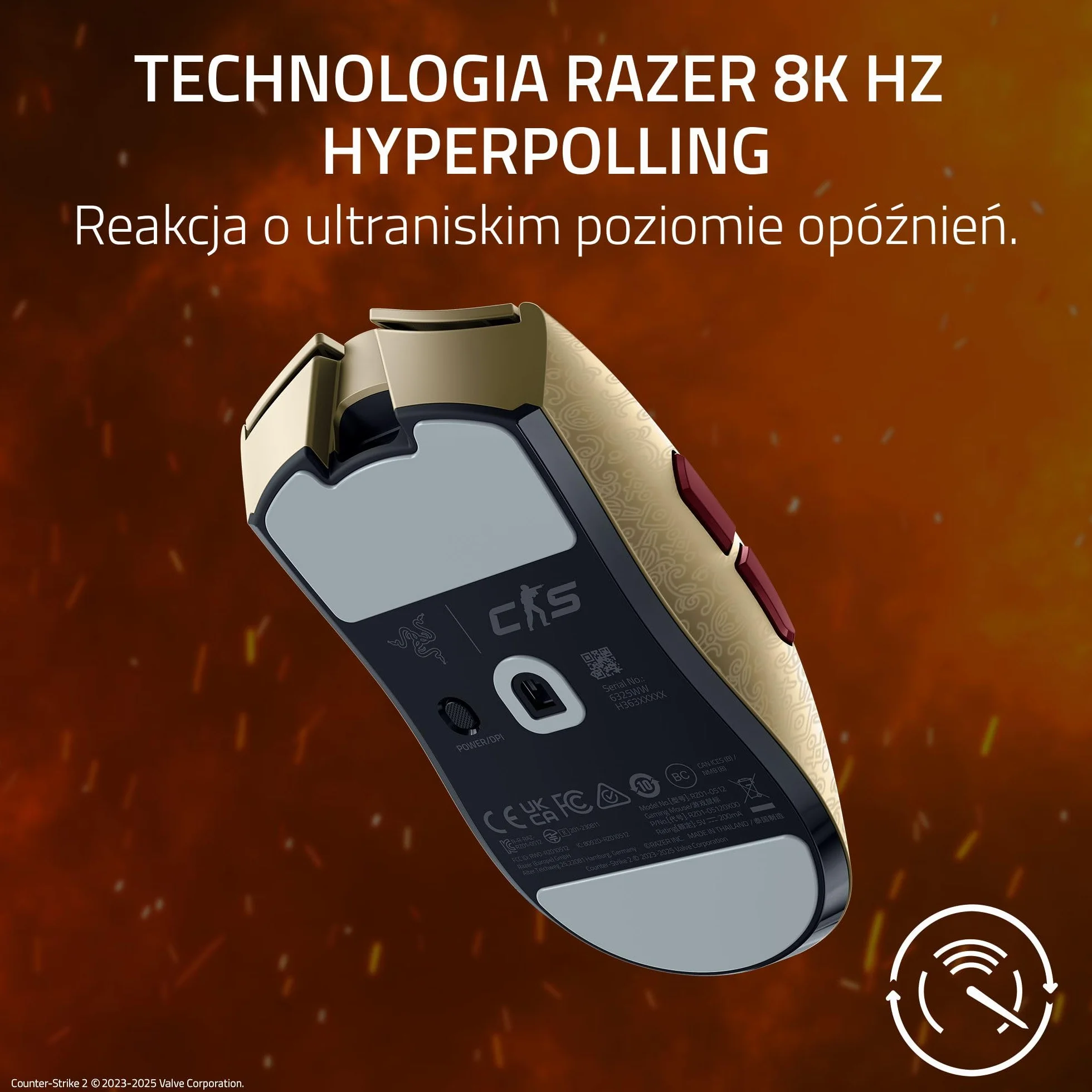 Razer Viper V3 Pro Counter-Strike 2 Dragon Lore - Ultralekka bezprzewodowa mysz do e-sportu - 55g - 8K HyperPolling - Czujnik Focus Pro 35K DPI - 2,4 GHz HyperSpeed - 95 godzin - PC/Mac | Dragon Lore