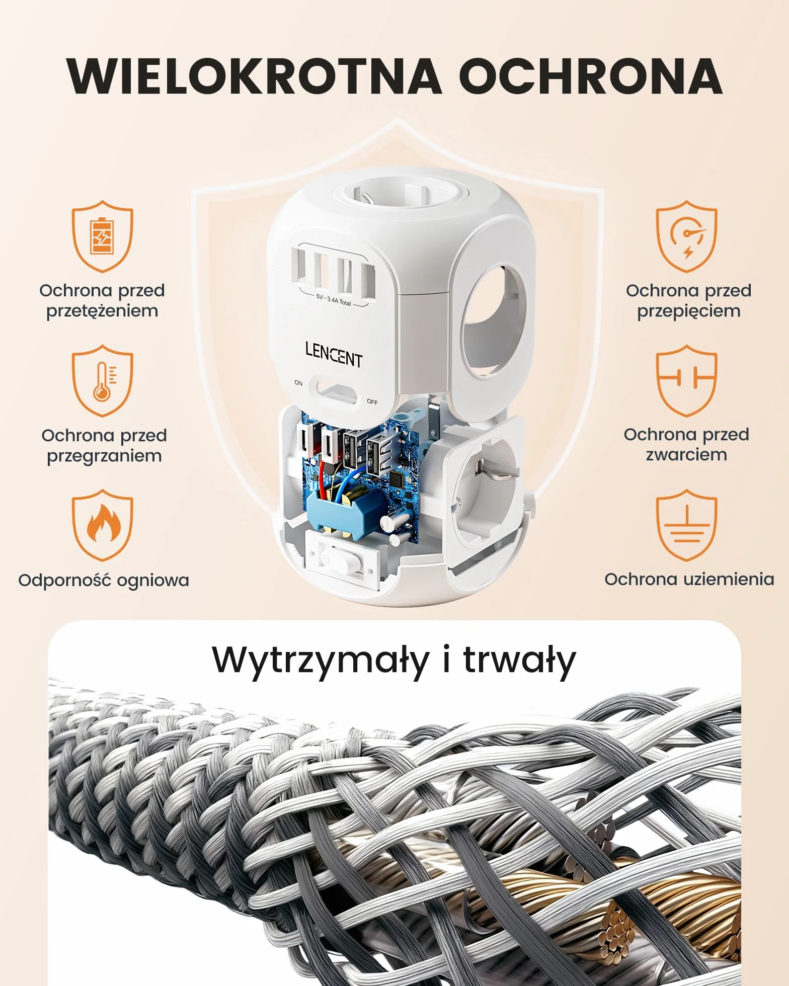 LENCENT Listwa Zasilająca Płaską Wtyczką z 4 Gniazd, Wielokrotna Wtyczka z 2 Metry Kablem w Oplocie, Przedłużacz z 3 Gniazdami USB-A+1Typ-C, 8 w 1 Listwa Zasilająca z Przełącznikiem Gniazdka, Biały