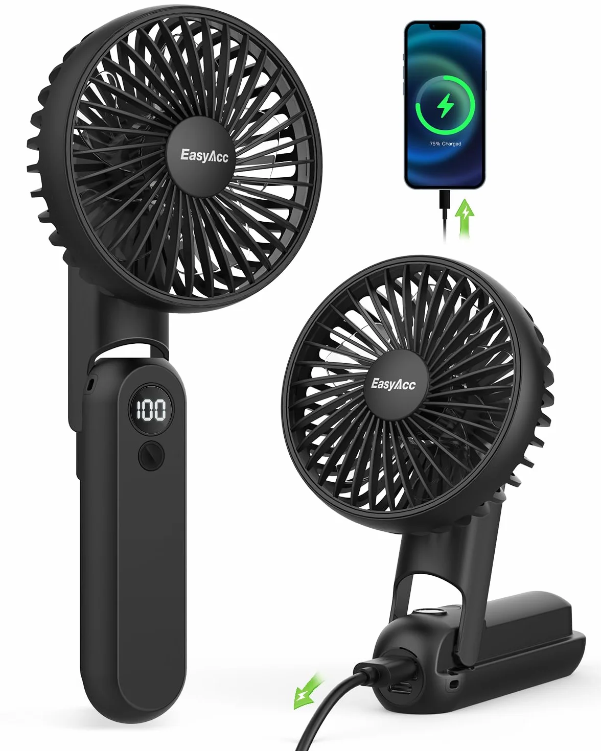 EasyAcc Przenośny mini wentylator ręczny, 5 prędkości, 18 godzin, cyfrowy wyświetlacz, USB, mały akumulator, składany, ręczny wentylator do podróży, biura, domu, na zewnątrz