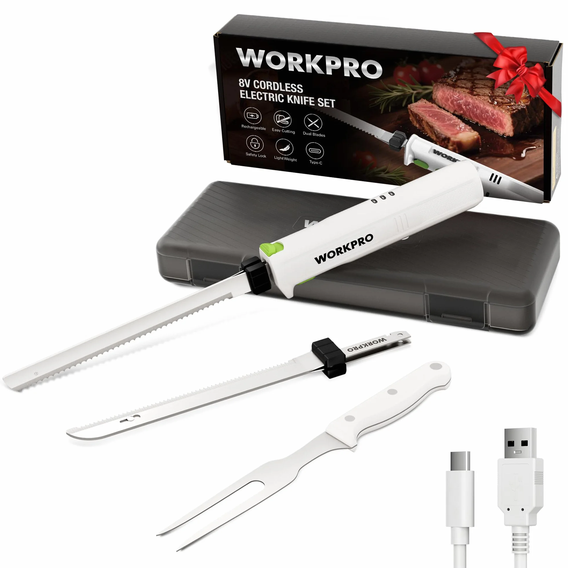 WORKPRO Nóż elektryczny 8 V, bezprzewodowy nóż kuchenny z 2 ostrzami ze stali nierdzewnej, nóż elektryczny z widelcem, akumulator 2000 mAh do precyzyjnego krojenia chleba, mięsa, z pudełkiem do