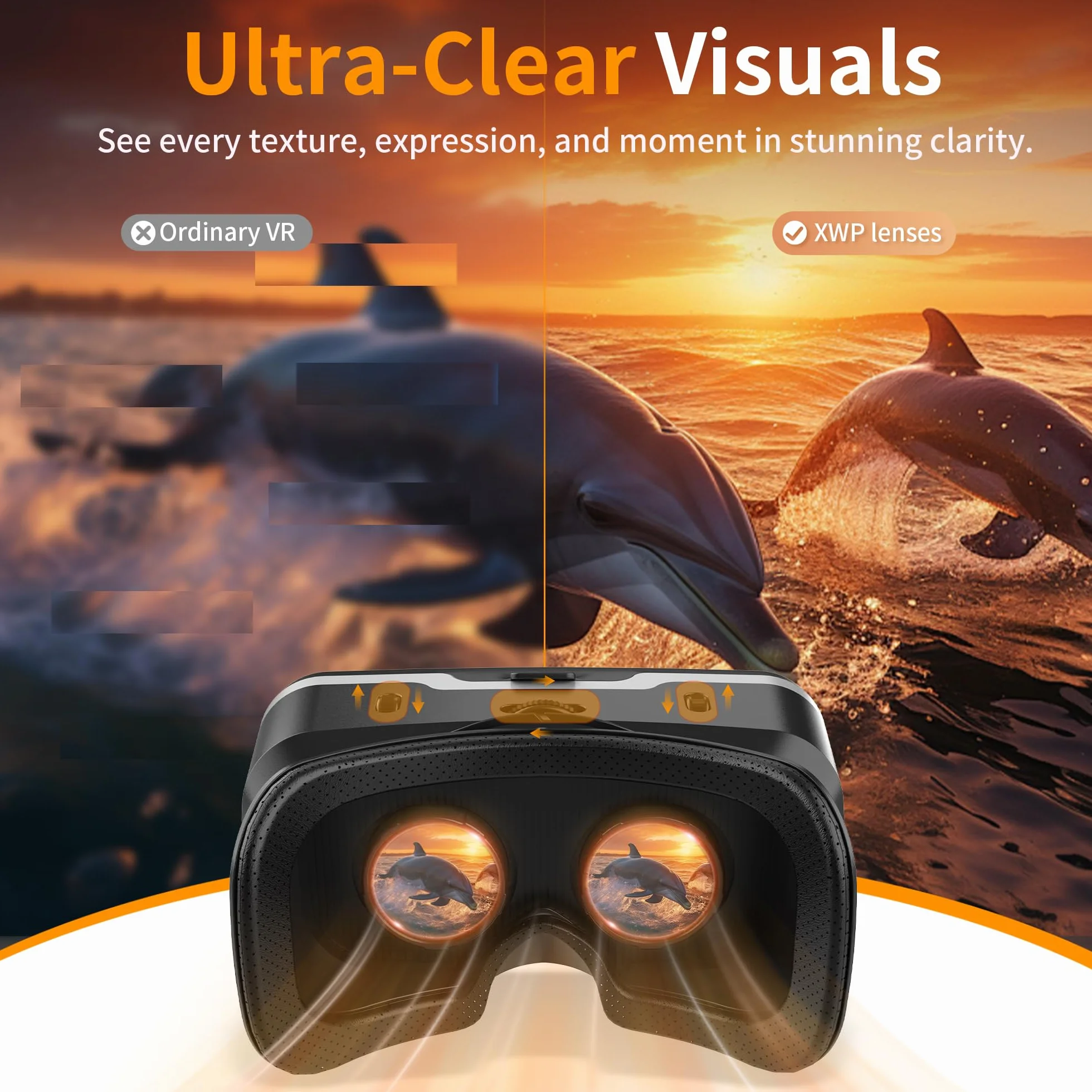XWP Zestaw słuchawkowy VR ze słuchawkami, okulary wirtualnej rzeczywistości 3D z soczewkami HD Anti-Blue Light, kompatybilny z iPhone i Android 11.9-18.3 cm, wciągające do gier, filmów i zabawy