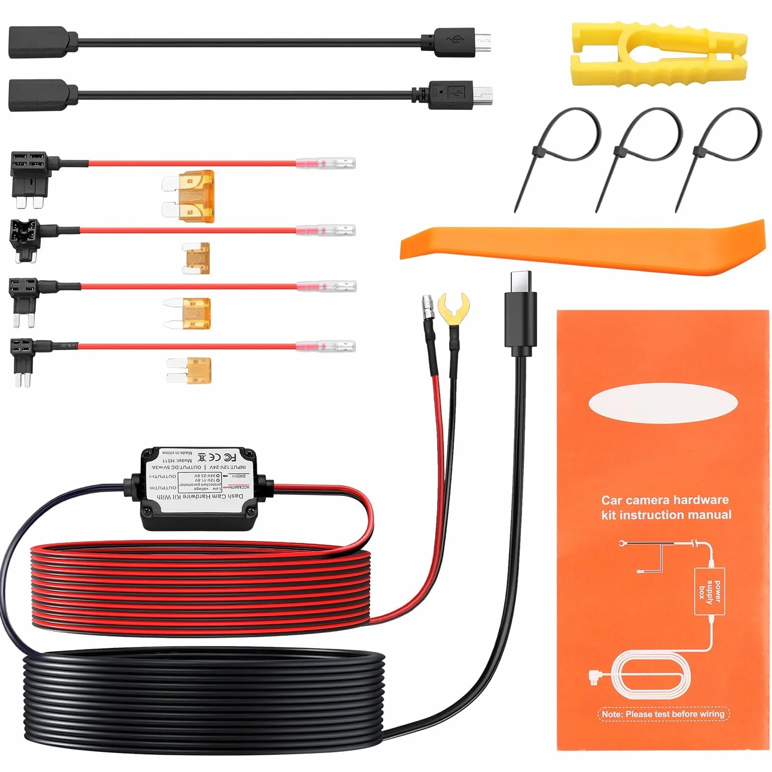 eSynic Dash Cam Hardwire Kit USB 11,5 ft kabel 12 V-24 V do 5 V Hard Wire Kit do kamery Dash z adapterem mini i Micro USB i 4 typami bezpieczników Mini/LP, ACS, ATO, Micro2