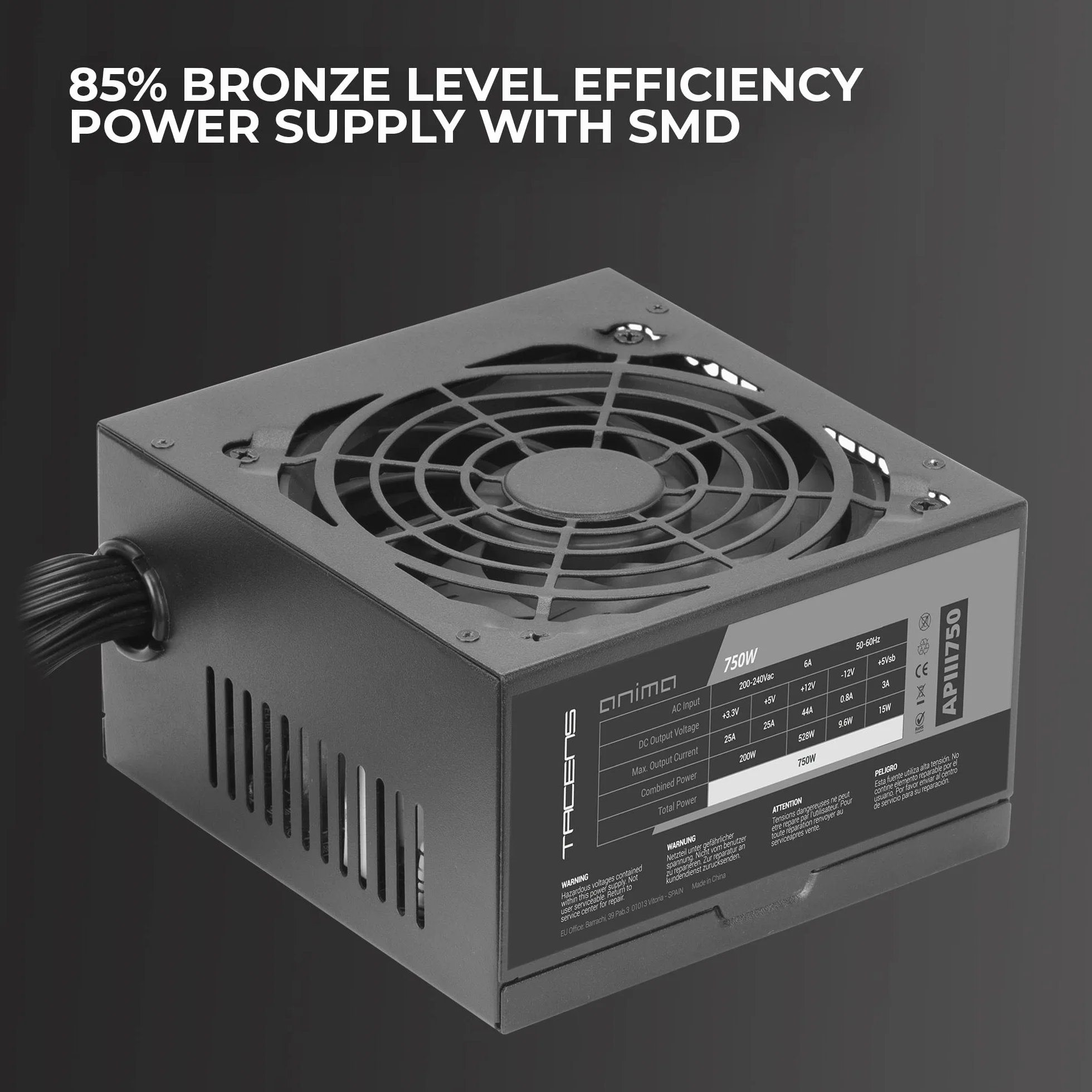 Tacens Anima APIII750, Zasilacz PC ATX 750W, Technologies DC-DC i SMD, 85% Wydajność 12V, Ultracichy Wentylator 12cm, Bardzo Długie Płaskie Kable, Czarny