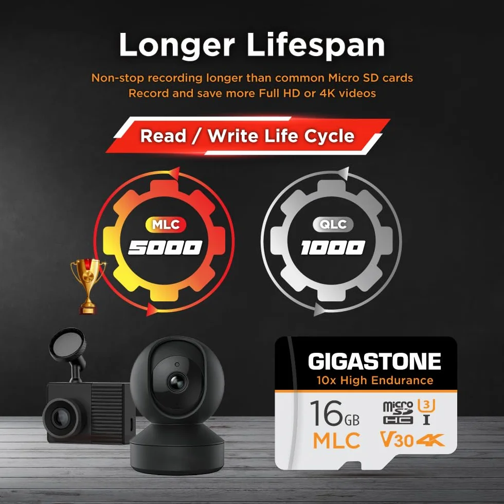 Gigastone - 10 tarjetas micro SD MLC de 16 GB, 10 unidades, grabación de video 4K, cámara de seguridad, cámara de salpicadero, compatible con vigilancia de 95 MB/s, U3 C10, con adaptador