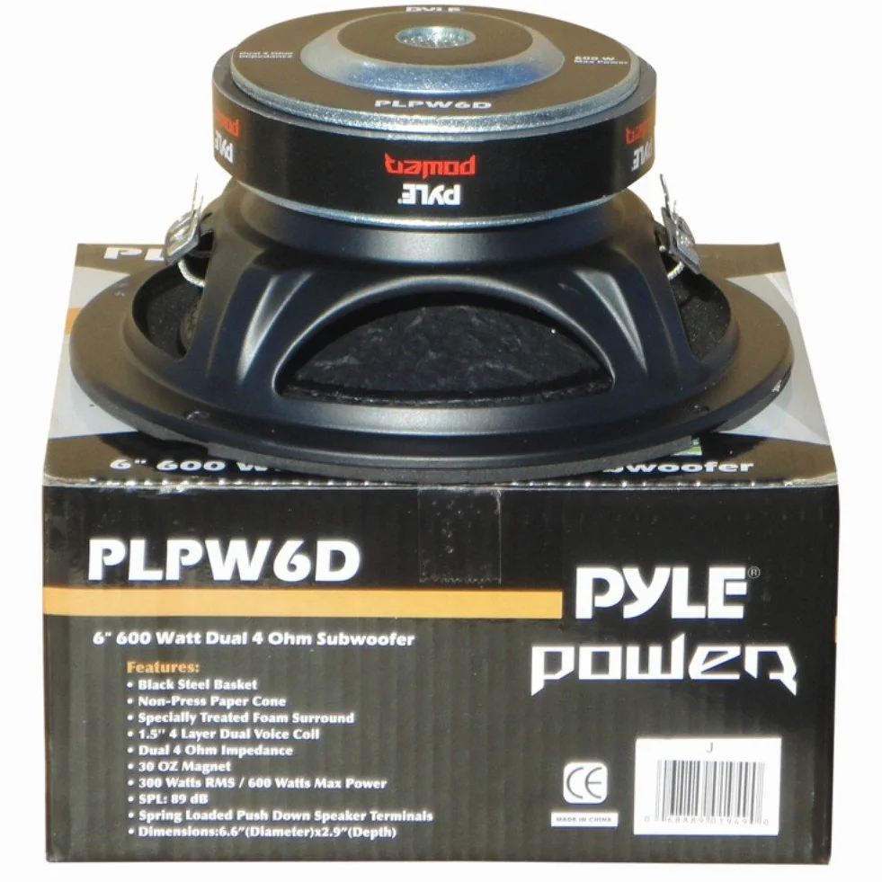 SUB SUBWOOFER PYLE PLPW6D o mocy 300 W RMS I 600 W maks. średnica 6,5" 16,50 cm 165 MM WOOFER DVC Podwójna cewka 4 + 4 OHM Doskonała również do samochodu lub w domu