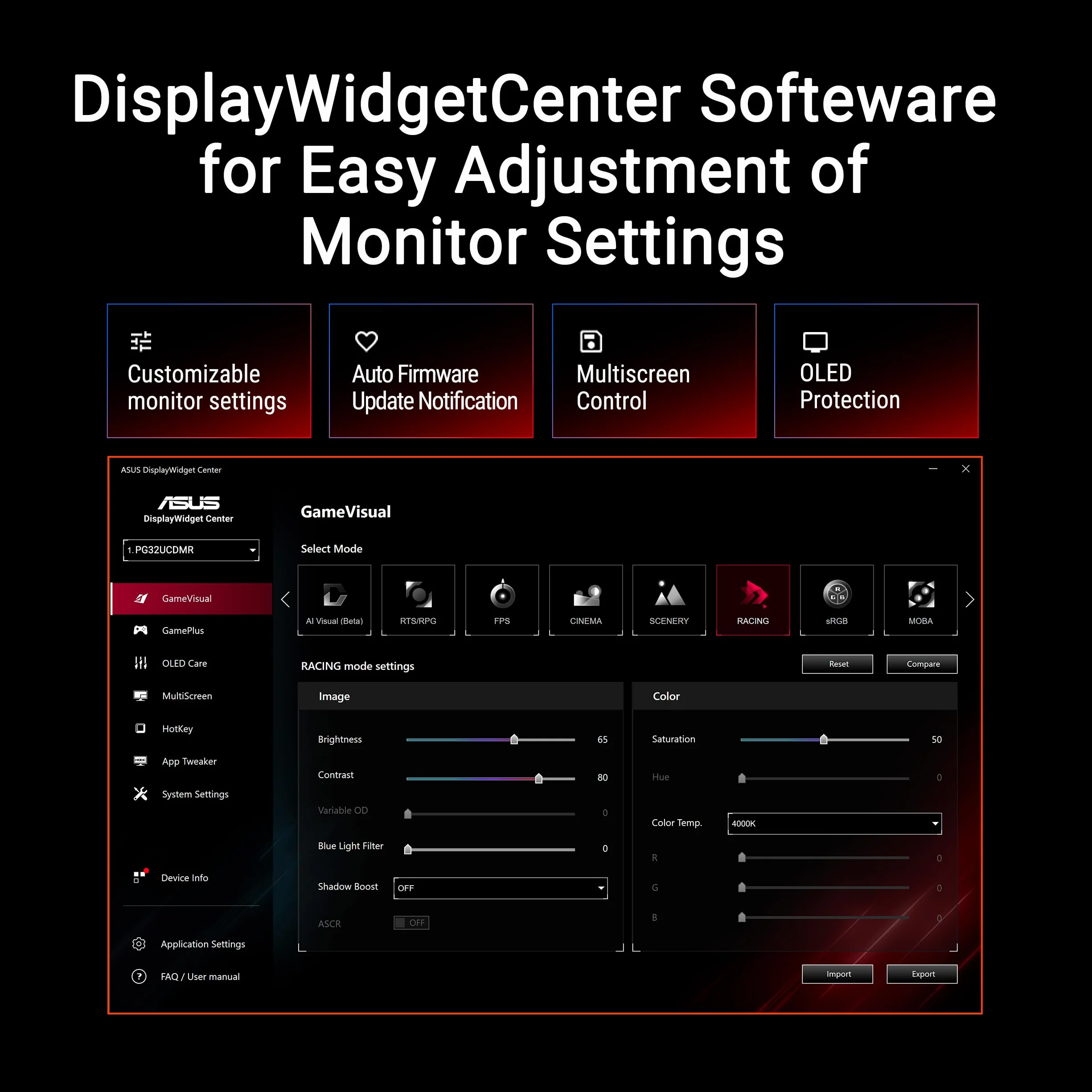 ASUS ROG Swift OLED PG32UCDMR, monitor do gier 31,5", 4K QD-OLED (3840 x 2160), 0,03 ms (GTG), 240 Hz, kompatybilny z G-SYNC, portami USB-C i USA-A, DisplayPort, HDMI, DisplayWidget Center, czarny