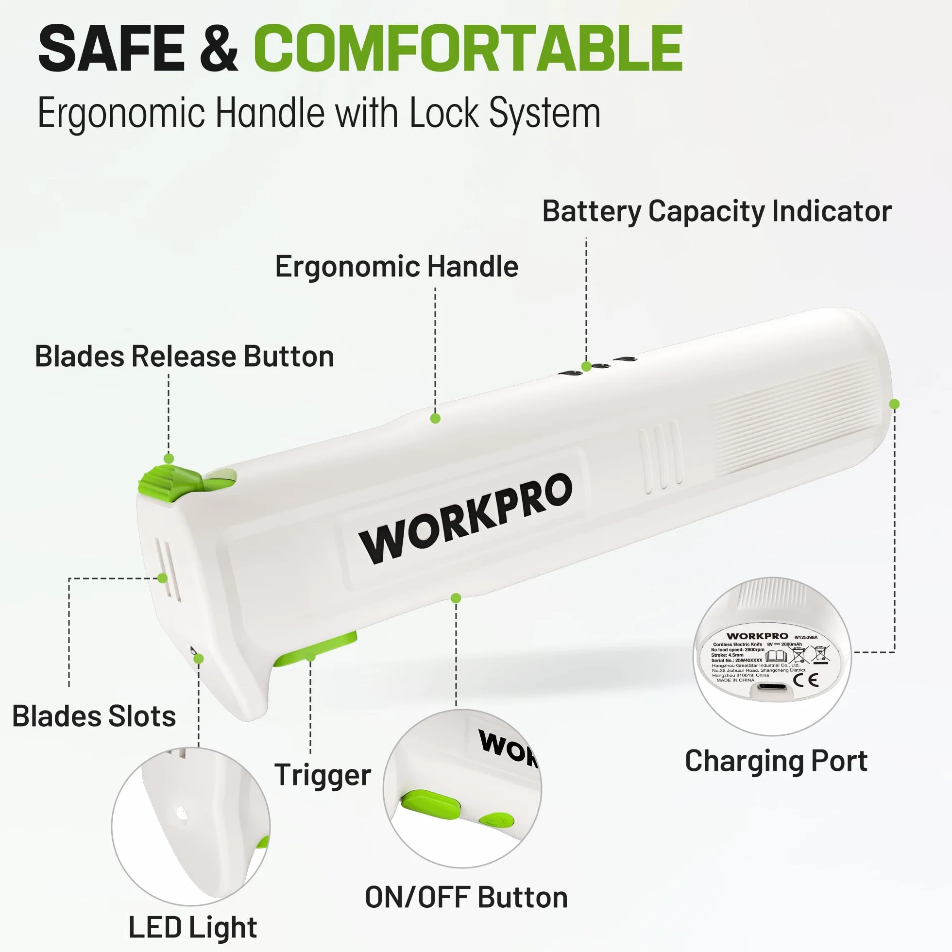 WORKPRO Nóż elektryczny 8 V, bezprzewodowy nóż kuchenny z 2 ostrzami ze stali nierdzewnej, nóż elektryczny z widelcem, akumulator 2000 mAh do precyzyjnego krojenia chleba, mięsa, z pudełkiem do