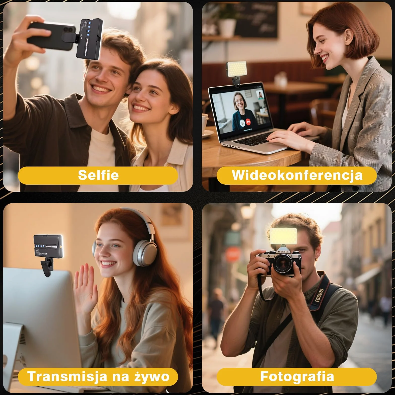 90 LED Przenośne światło Wypełniające z 3 Trybami świecenia i 10 Poziomami Jasności, CRI 95+ Akumulatorowe światło do Selfie o Mocy 1800mAh z Klipsem, do Telefonu, Laptopa, Aparatu
