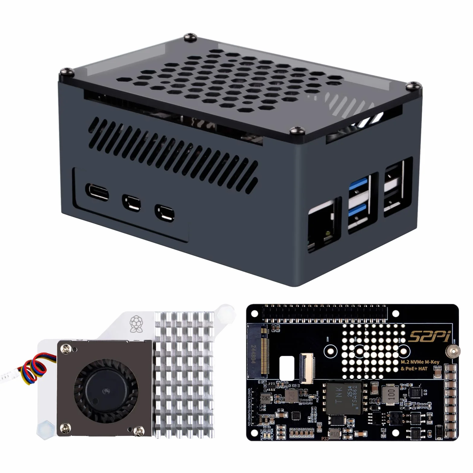 GeeekPi P33 M.2 NVME M-Key PoE+ Hat dla Raspberry Pi 5, z oficjalnym aktywnym chłodzeniem Pi 5 i aluminiową obudową, obsługuje dysk SSD M.2 NVMe 2230 2242 2260 2280