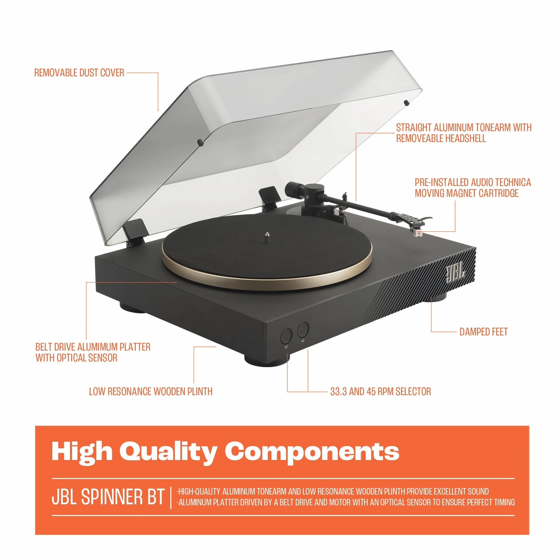 JBL Spinner BT, Gramofon Bluetooth z AptX-HD, Odłączana Głowica, Aluminiowy Talerz Obrotowy i Napęd Pasowy, Wkładka Magnetyczna, Kolor Czarny i Złoty