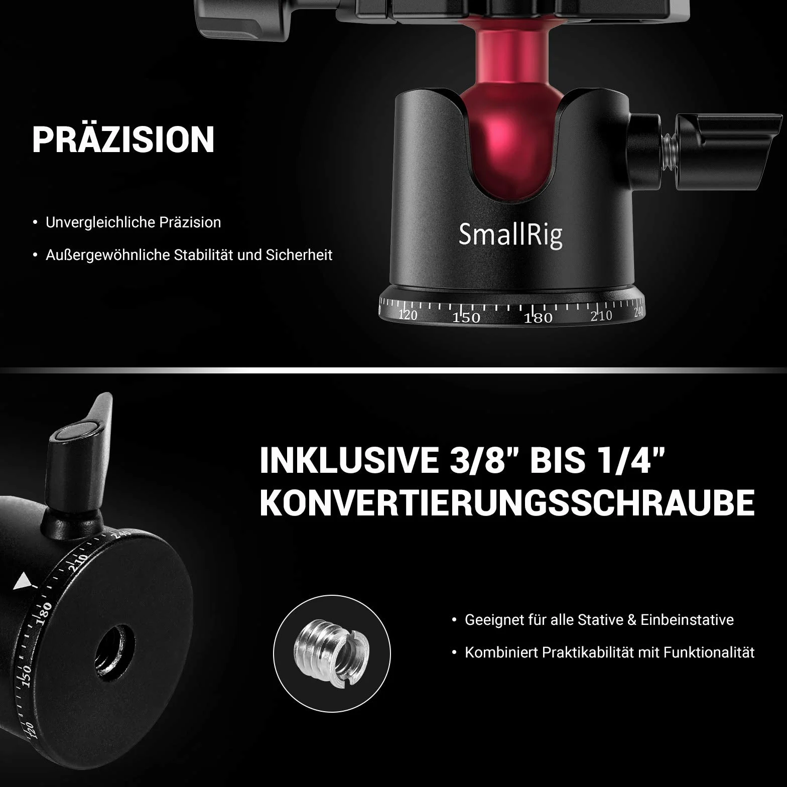 SMALLRIG Mini Ball Head, Tripod Head Camera 360° Panoramic Obrotowa Głowica Kulowa 3/8" z Płytą Szybkośrubową 1/4" Obciążenie Statywu i Kamery, Monopod, dla Gopro, Phone, Max Load 4.4lbs - BUT2665