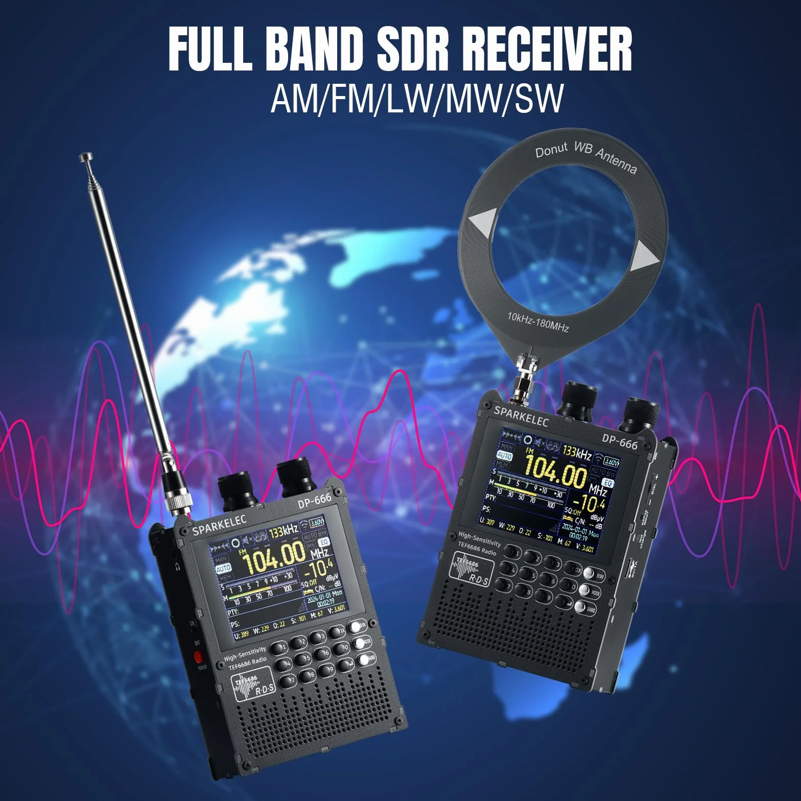 Raddy DP-666 Radio DSP Wielozakresowe Chip TEF6686, Profesjonalny Odbiornik AM/FM/LW/MW/SW RDS, 2,8" Ekran Dotykowy + Stylus, Bateria 5000mAh, Antena Teleskop. & Donut, Przenośne z Aktualizacją FW