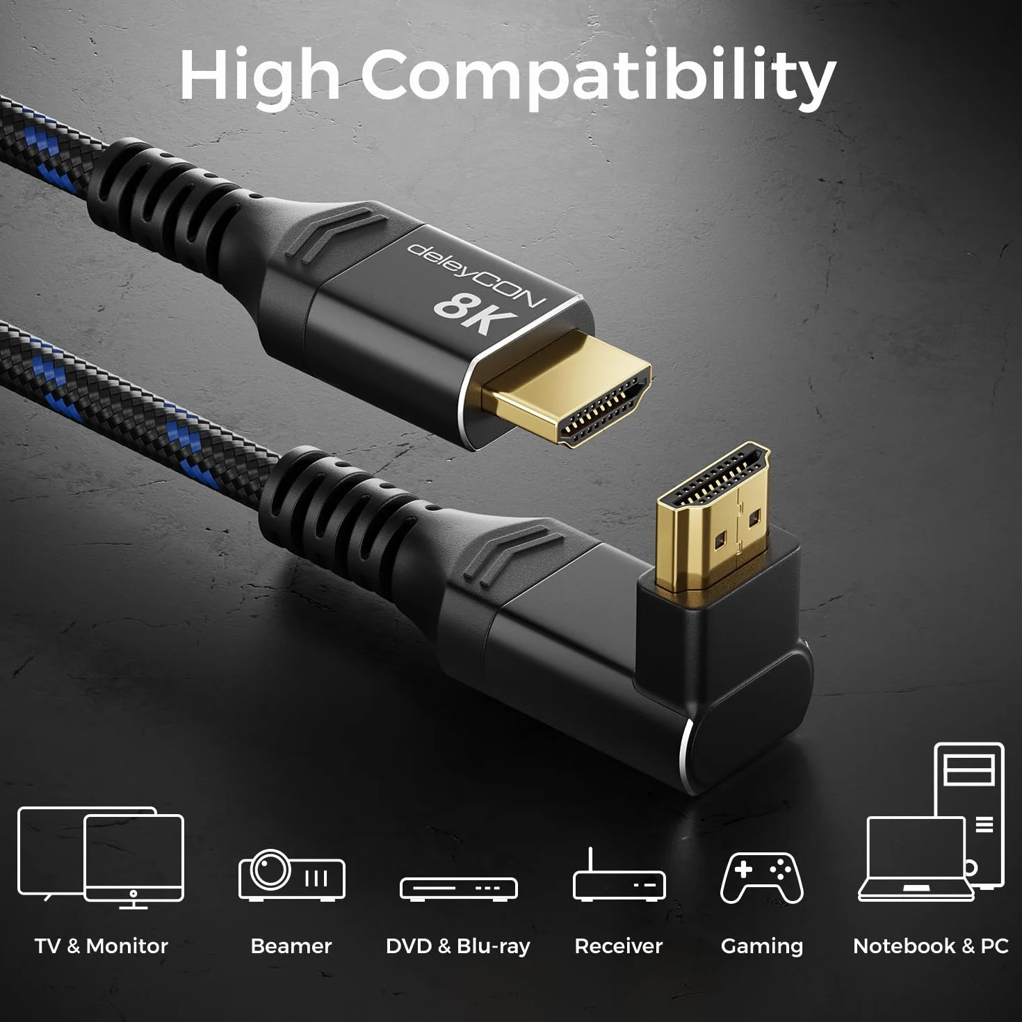 deleyCON 8K HDMI 2.1 Kabel 5m kątowy (Kąt 270° Stopni) do TV, Monitora, PS4, PS5, Dolby Atmos Soundbar EARC, HDR10+, Ultra High Speed Cable 48Gbps - 10K/8K@60Hz, 4K@120Hz/144Hz, 2K@240Hz