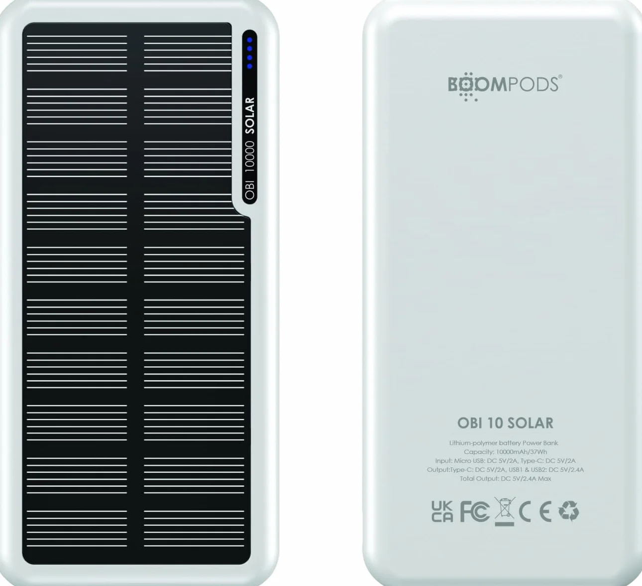 Boompods Obi solarny powerbank 10 000 mAh – ładowarka do szybkiego ładowania z USB-C i 2 portami USB, powerbank z panelem słonecznym, wytrzymała stacja ładująca do telefonu komórkowego, tabletów i