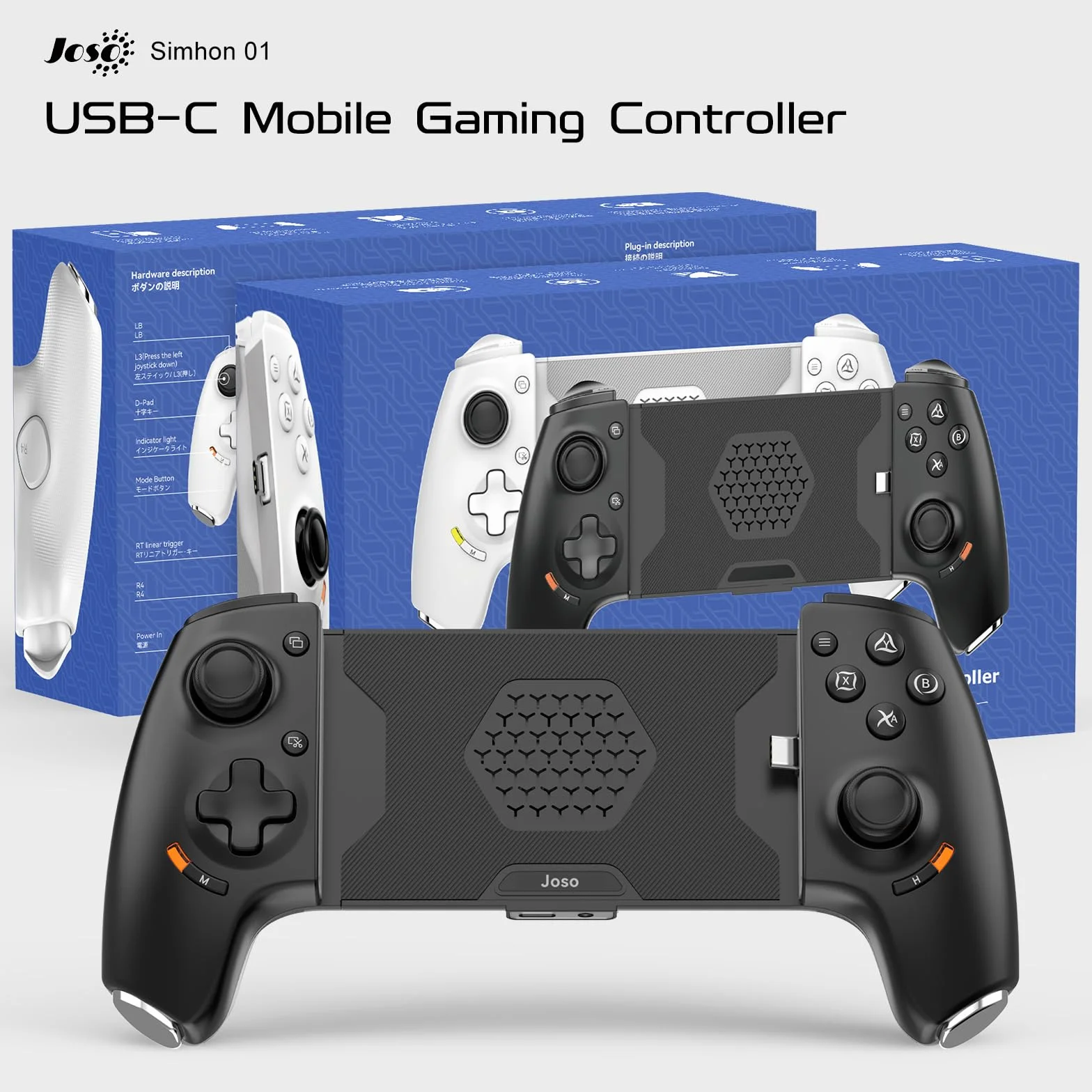 Joso Kontroler telefonu iPhone 15/16 i Android (USB-C), pilot do gier do konsoli PS5/PS4/Xbox, Joysticki Halla Effect, 2 przyciski do mapowania, gniazdo audio 3,5 mm