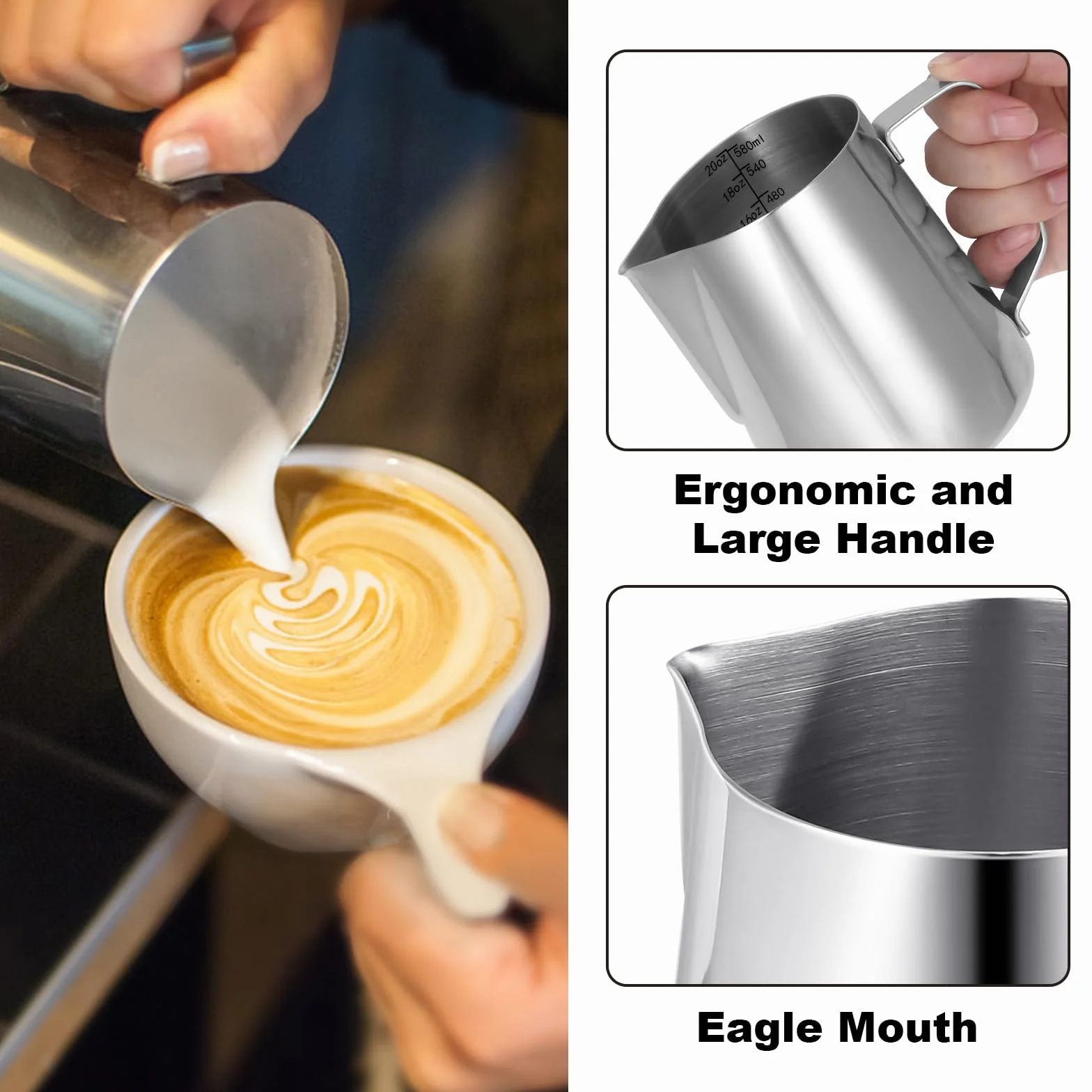 Dzbanek do spieniania mleka do ekspresu do kawy, 600 ml, dzbanek na mleko ze stali nierdzewnej 304, z dekoracyjnym długopisem artystycznym, metalowe akcesoria baristy, do cappuccino, latte i espresso