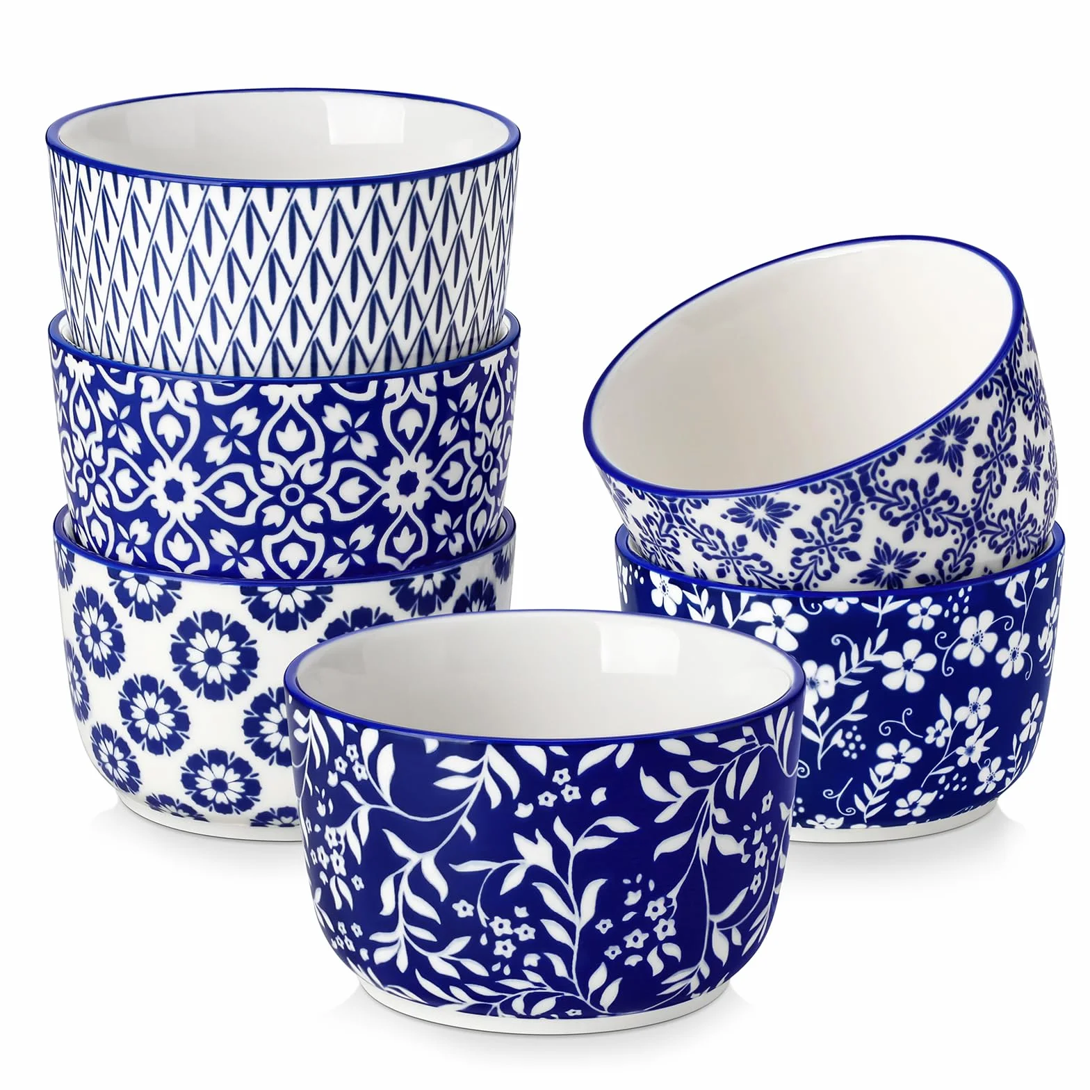 vancasso Selene ceramiczne Ramekins zestaw 6 misek do maczania, nadają się do kuchenki mikrofalowej i zmywarki, do pieczenia, na desery, ręcznie malowane niebiesko-białe kwiatowe wzory