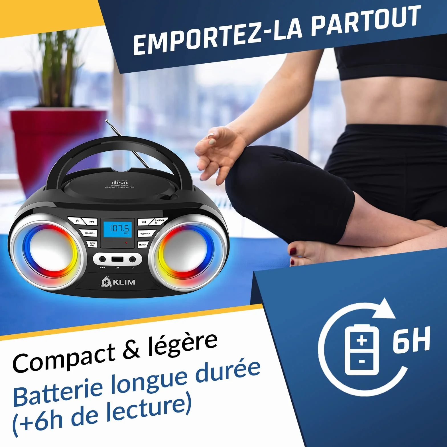 KLIM Boombox B3 + przenośny odtwarzacz CD + radio FM, CD, Bluetooth, USB, Bluetooth, MP3 + tryb przewodowy i bezprzewodowy z bateriami + ulepszona soczewka laserowa + NOWOŚĆ 2022