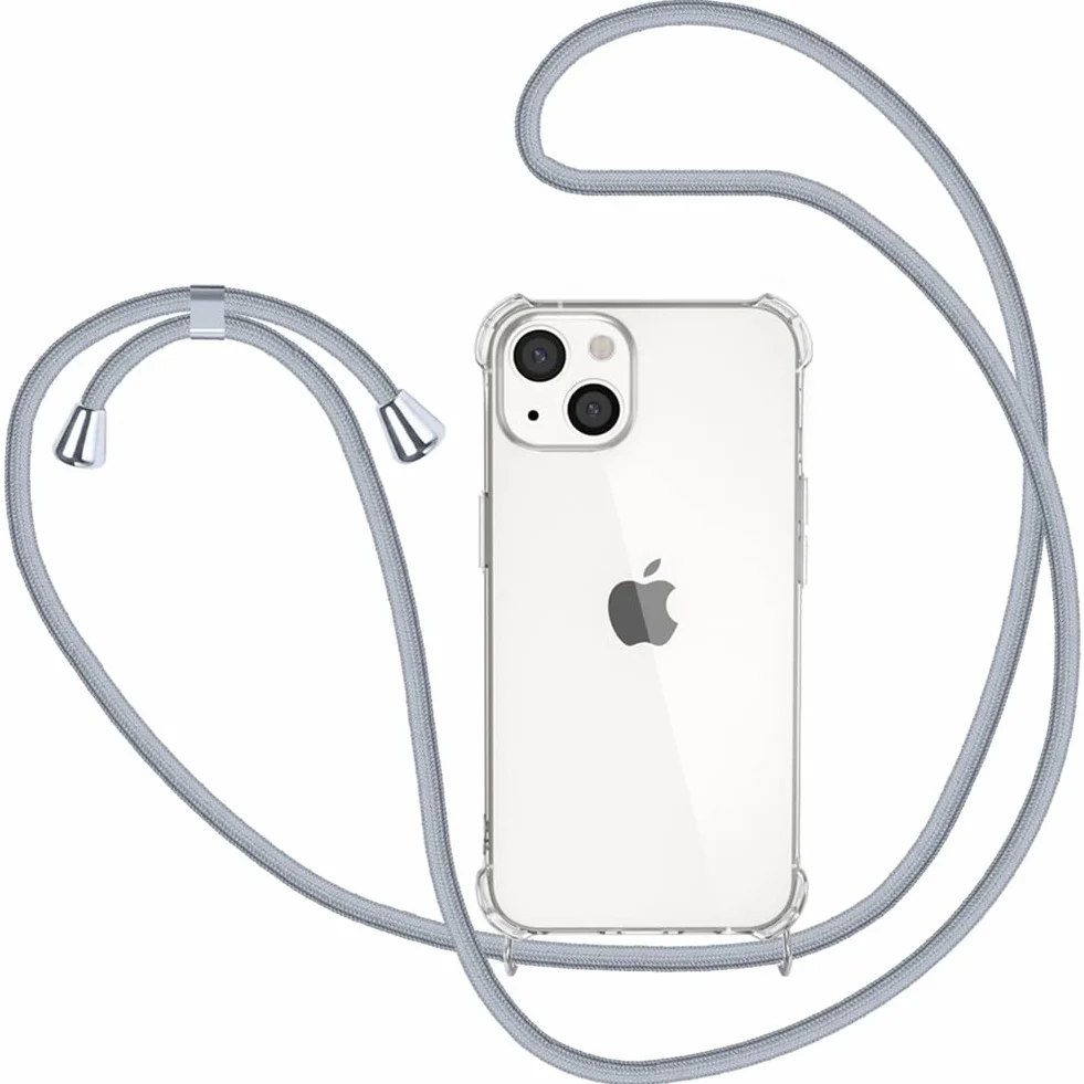 XTCASE Naszyjnik do iPhone 13, etui ze sznurkiem - łańcuszek na szyję - przezroczysty silikonowy pokrowiec z liną sznurkową, szary