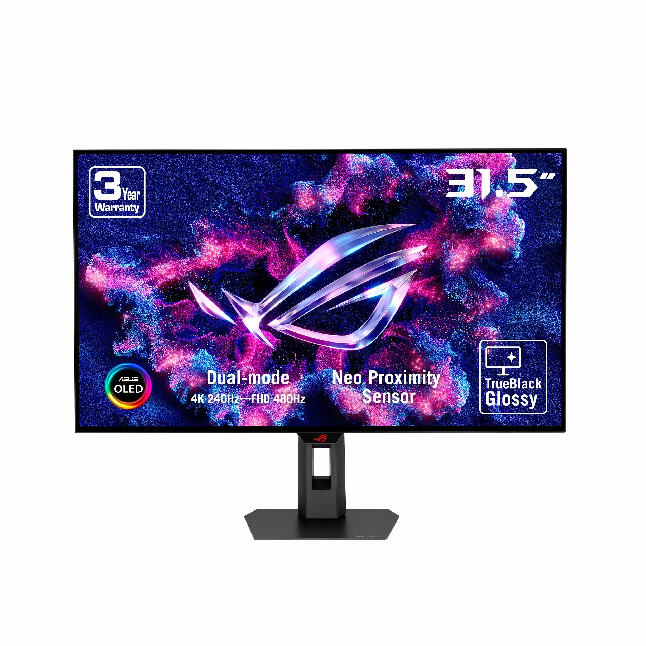 ROG Strix OLED XG32UCWMG TrueBlack błyszczący wyświetlacz OLED 32", 4K, Dual Mode (4K do 240 Hz, FHD do 480 Hz), 0,03 ms, Care Pro, Neo Proximity Sensor, VESA DisplayHDR 400, USB-C, HDMI 2.1