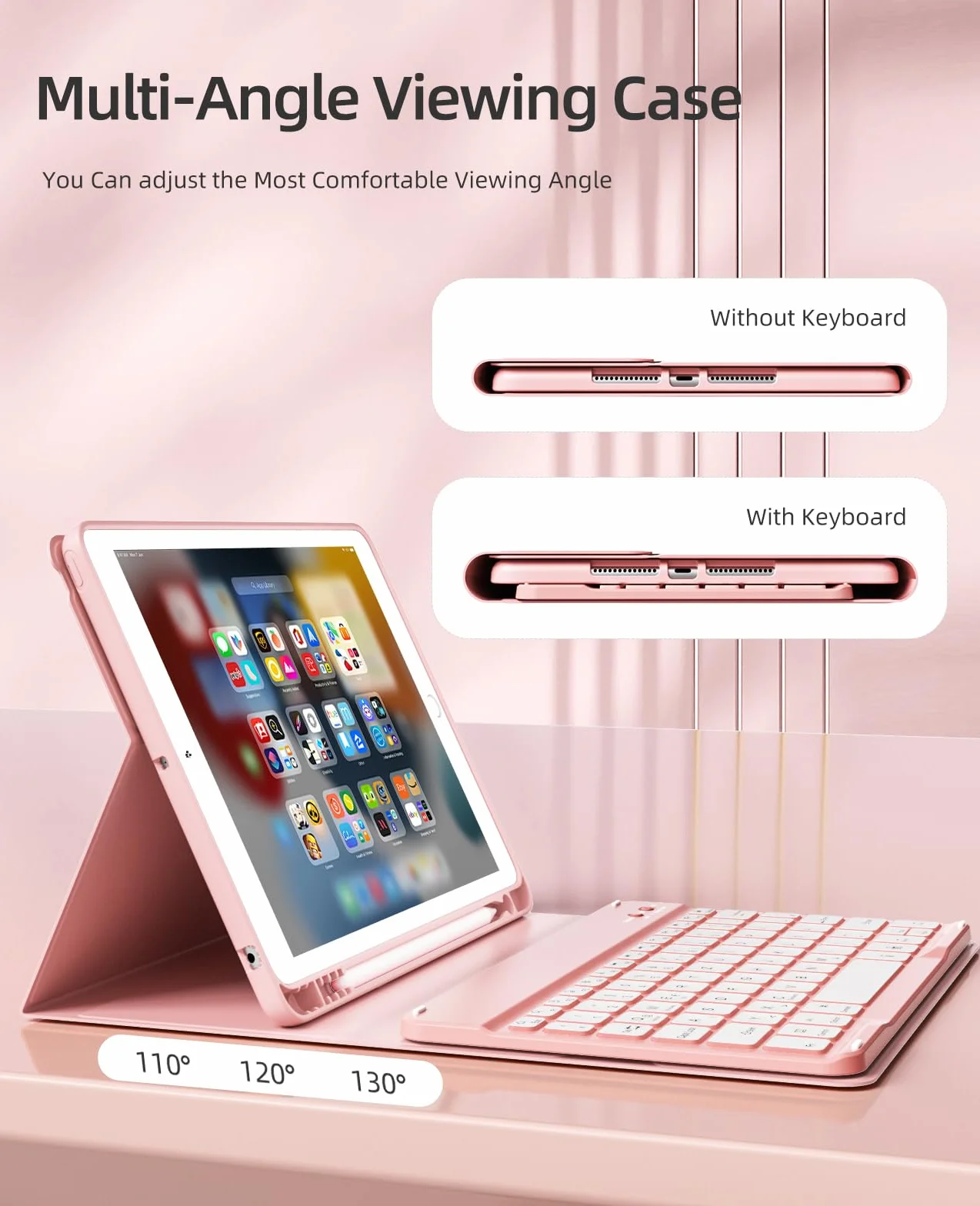 JKSML Etui na klawiaturę do iPada 9./8./7. generacji (2021/2020/2019) z uchwytem na rysik, miękkie etui ochronne z TPU, zdejmowana klawiatura Bluetooth QWERTZ do iPada 10,2 cala (różowe)