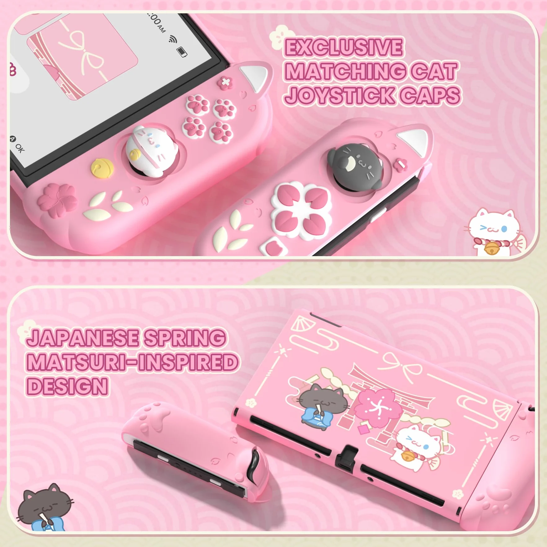PlayVital Etui Ochronne do Switch OLED z Podpórką, Nakładkami na Joysticki, Twarda Obudowa Kompatybilna z Dockiem, Silikonowy Grip do Joyconów – Różowy Kotek Kwiaty Wiśni
