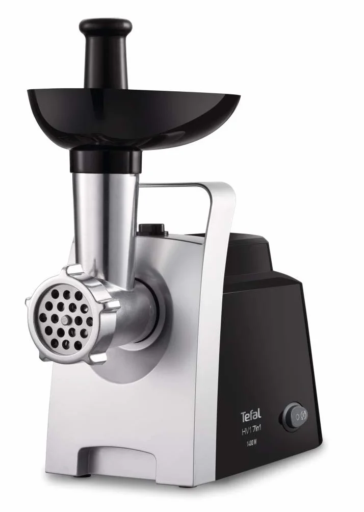 TEFAL HV 7w1 NE1088, Maszynka do mielenia mięsa, 1400W, Prędkość mielenia 1,7kg/min, Zestaw 3 sitek, 3 nasadek, nasadka masarska, Bieg wsteczny, Wytrzymała konstrukcja