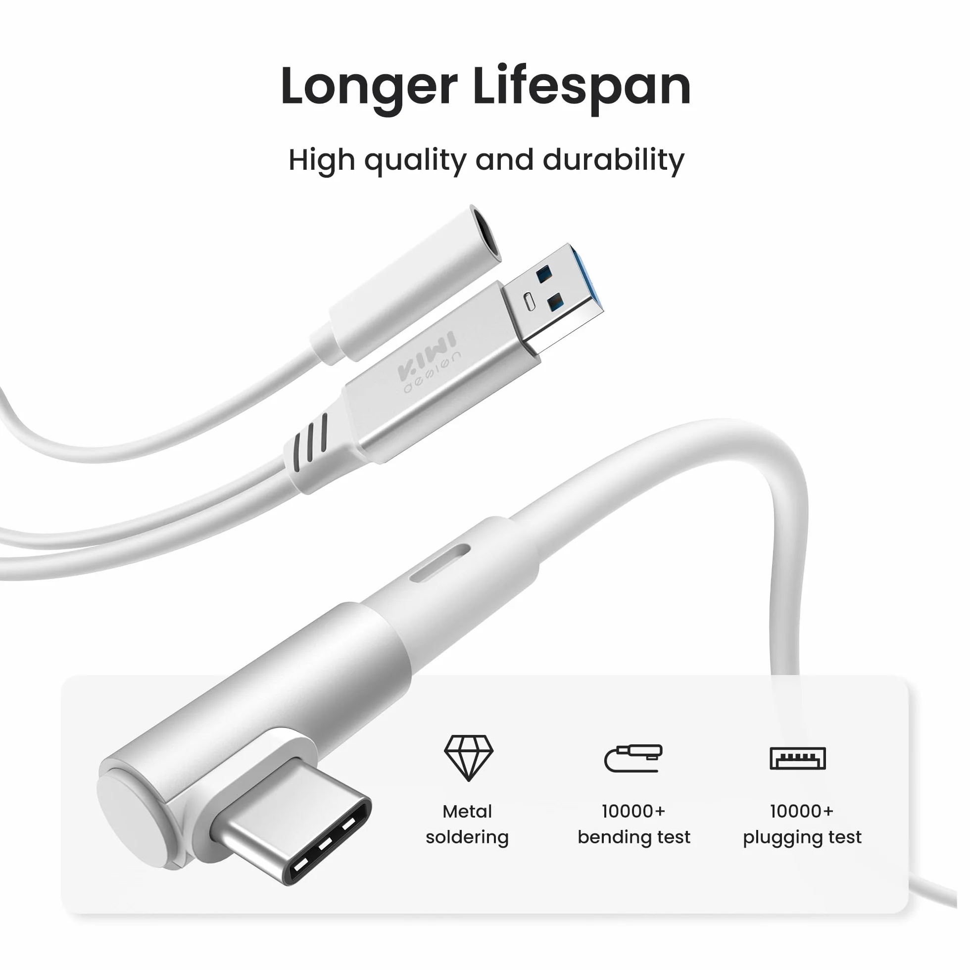 KIWI design Kabel łączący z ładowaniem 5M, kompatybilny z akcesoriami Meta Quest 3s/3/2/Pro/Pico 4 i PC/SteamVR kabel łączący USB 3.0 do USB C z superprędkością 5 Gb/s do rozszerzonej rozgrywki biały