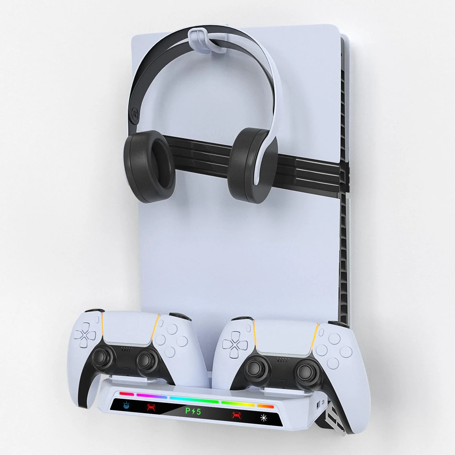 Stojak ścienny do PS5/PS5 Slim/PS5 Pro z RGB Light Bar, ładowarką i wieszakiem na słuchawki