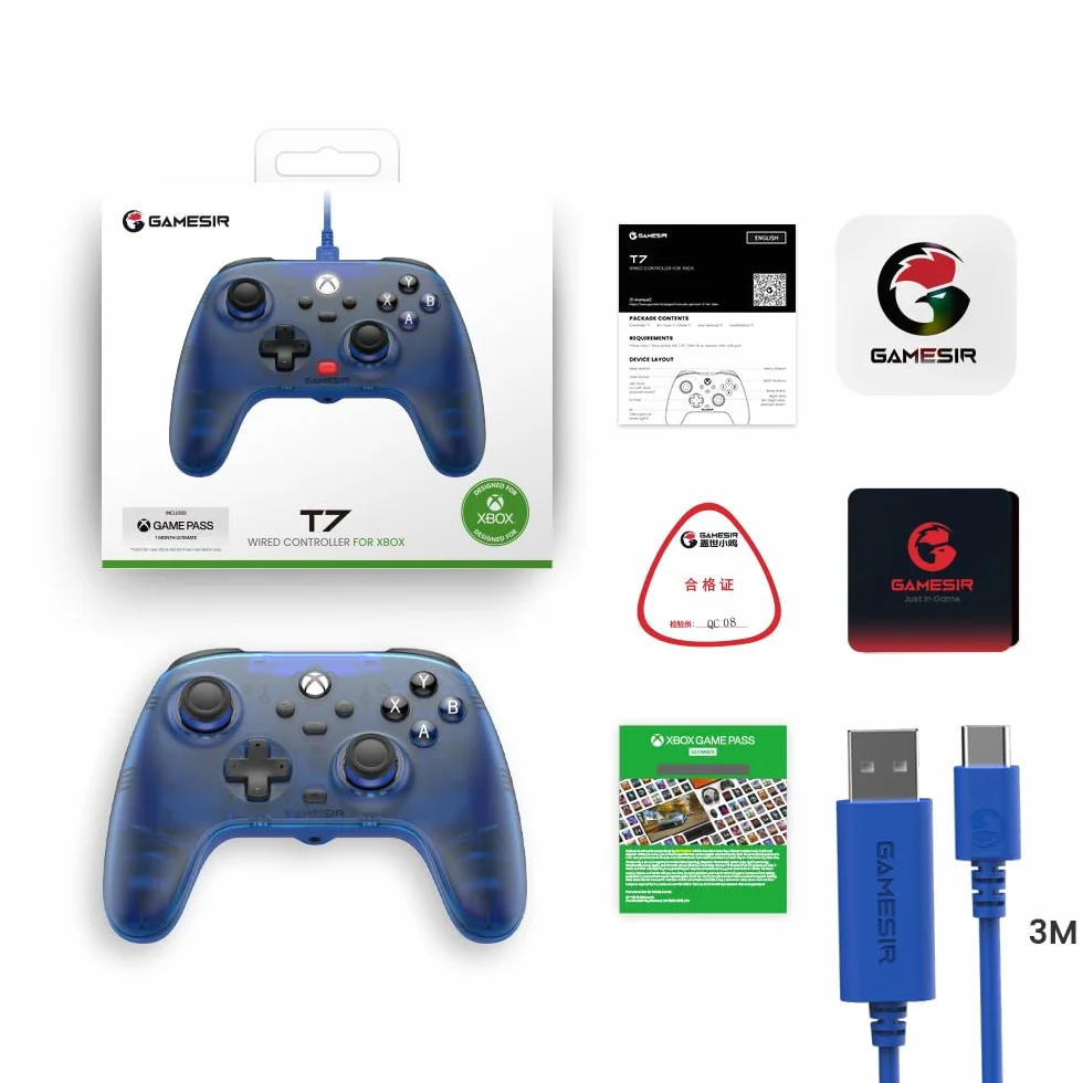 GameSir T7 Wired kontroler do Xbox Series X|S, Xbox One & Windows 10/11, Plug and Play gamepad z Hall Joysticks/Hall Trigger, 3,5 mm Audio Jack - niebieski