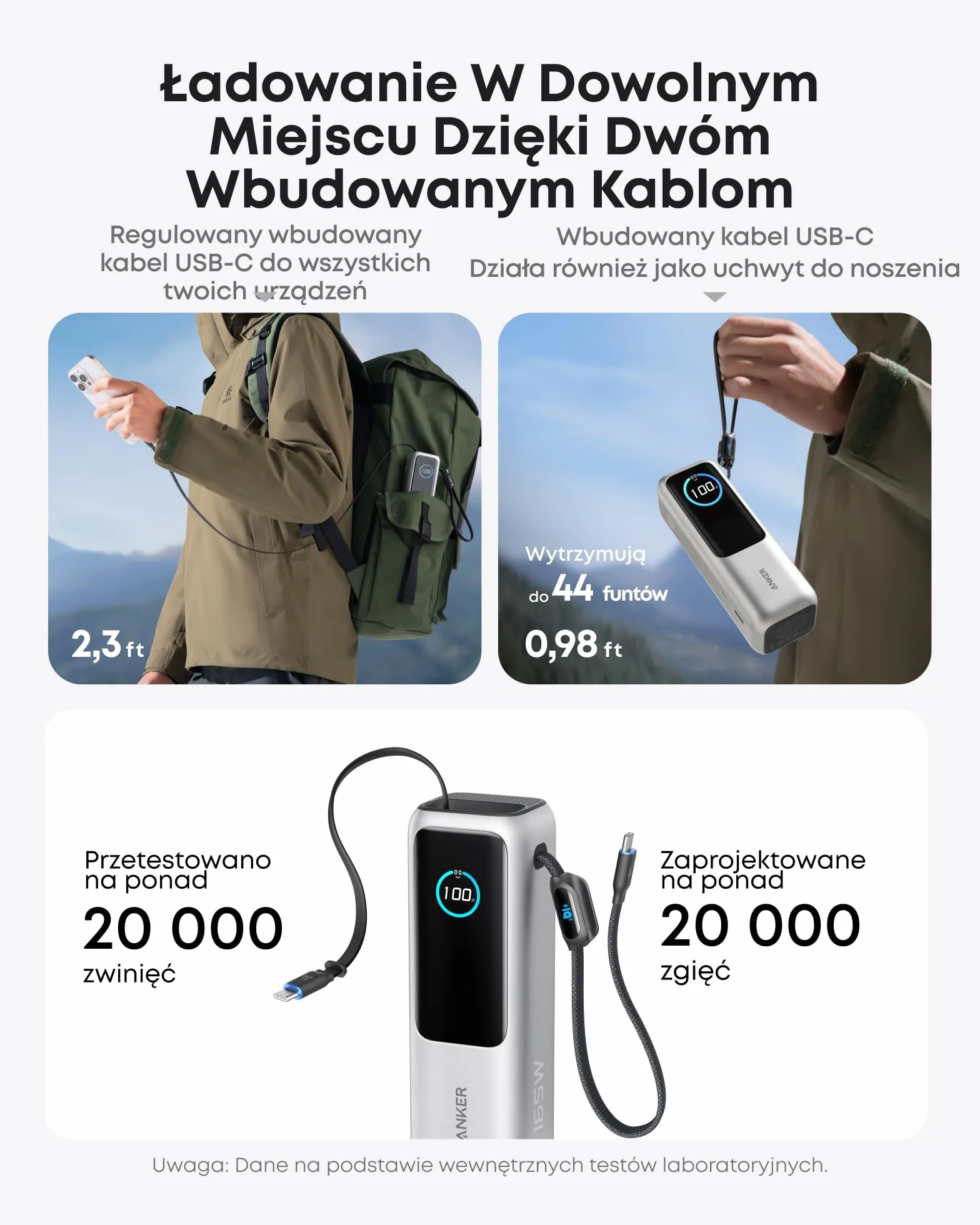 Anker 165W 25000 mAh Laptop Powerbank, Ladegerät mit 70cm ausziehbarem Kabel & Trageband, 3 USB-C Ports für Laden mehrerer Geräte, Für MacBook Pro, iPhone 17/16/15, Samsung und mehr (flugzeugtauglich)