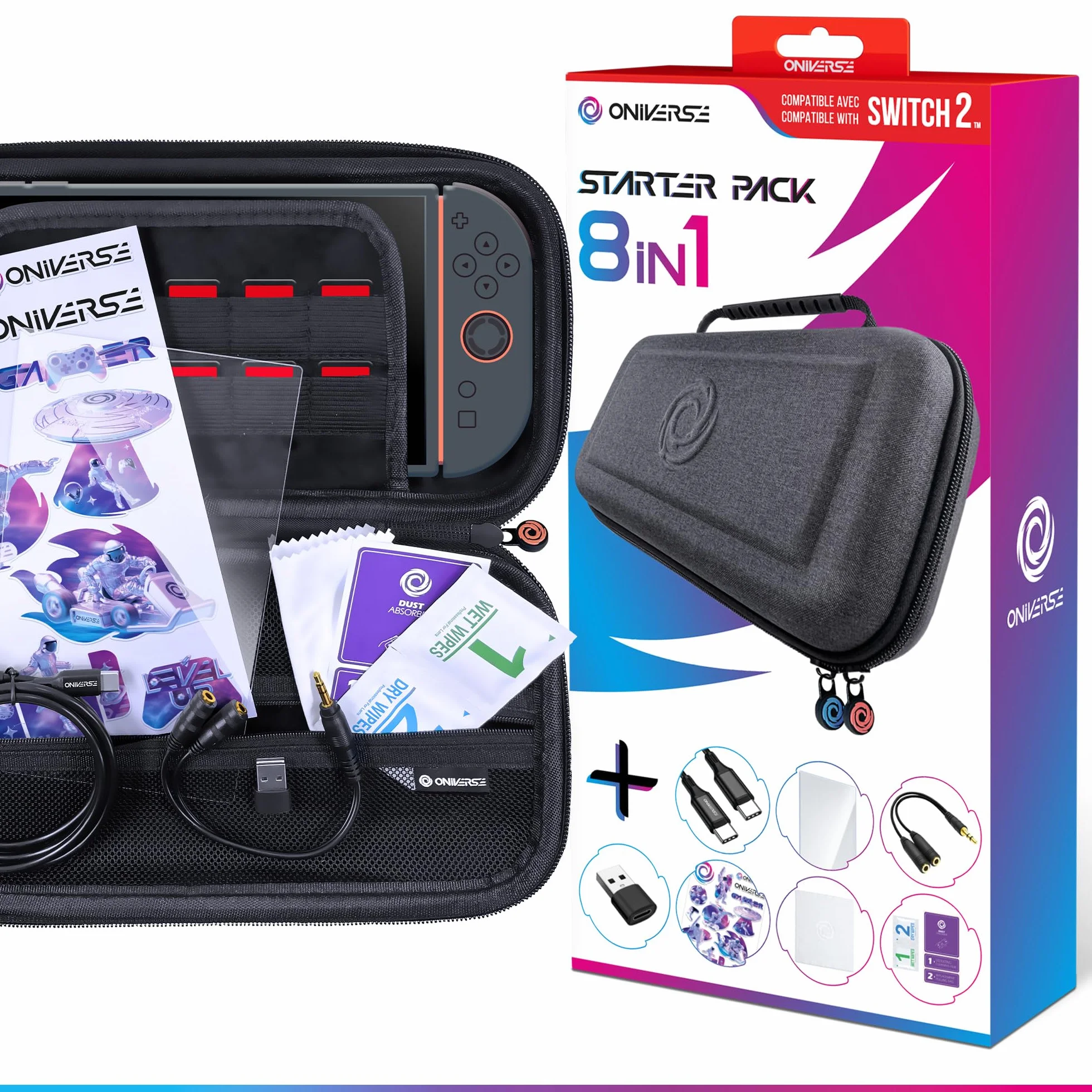 Oniverse Etui Switch 2 Zestaw startowy 8 w 1 – Pokrowiec transportowy, Ochrona ekranu kompatybilna z Nintendo Switch 2, Kabel USB-C i adapter, Rozdzielacz audio, Zestaw czyszczący