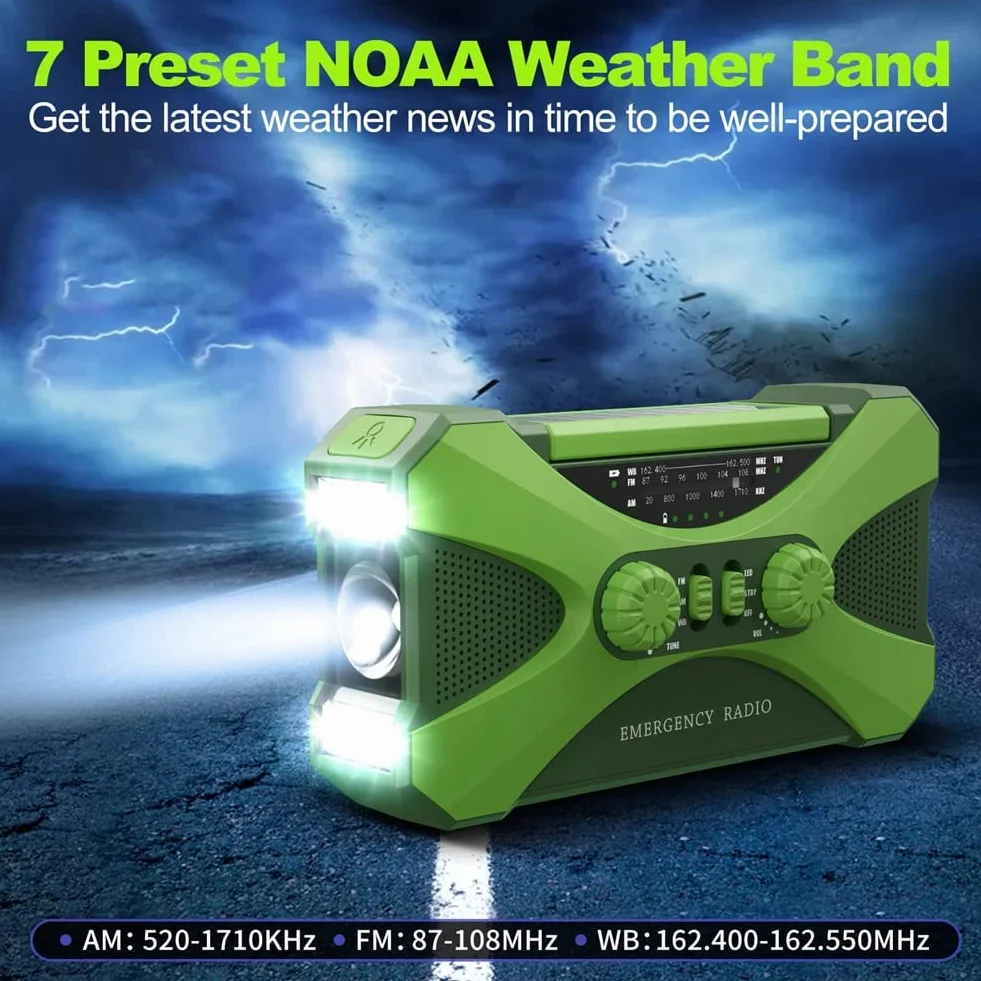 Radio awaryjne 10000MAh, radio z korbą solarną, przenośne radio z ładowarką do telefonu, zielona latarka LED
