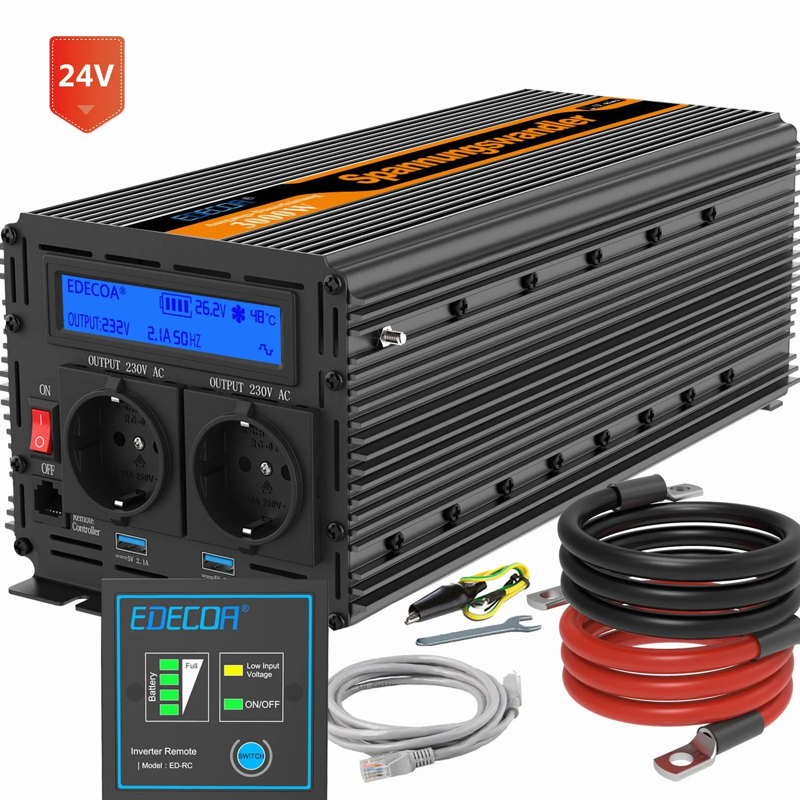 EDECOA 3000W/6000W, Zmodyfikowany Falownik Sinusoidalny 24V/230V, Moc Znamionowa 3000 Watów 24V DC do 230V AC Inwerter Solarny z Pilotem Zdalnego Sterowania, Dostępne Interfejsy USB i Typu-C