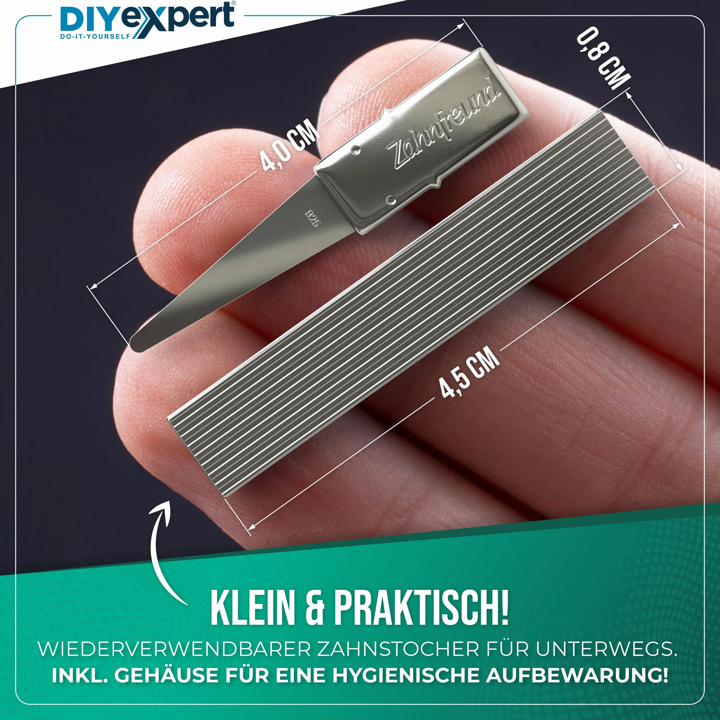 DIYexpert Srebrna Wykałaczka do zębów z metalu Made in Germany 1 sztuka