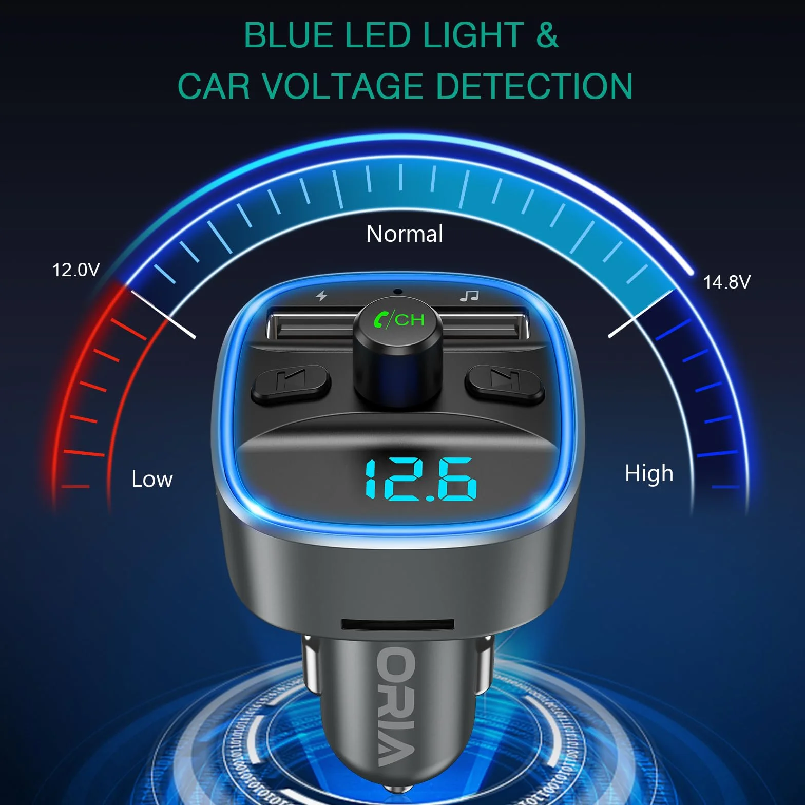 ORIA Samochodowy nadajnik FM Bluetooth 5.3, bezprzewodowy nadajnik radiowy, uniwersalna ładowarka samochodowa z podwójnym ładowaniem USB, zestaw głośnomówiący, odtwarzacz muzyczny, obsługuje kartę TF